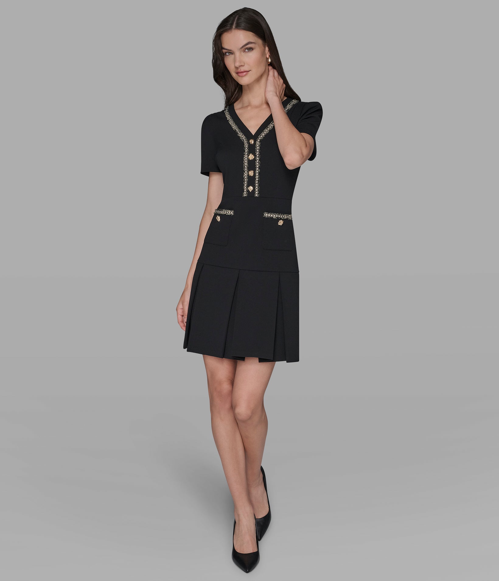 TWEED-TRIMMED PLEATED DRESS View 1 | WOMEN'S FALL COLLECTION TWEED-TRIMMED PLEATED DRESS View 1 | WOMEN'S FALL COLLECTION