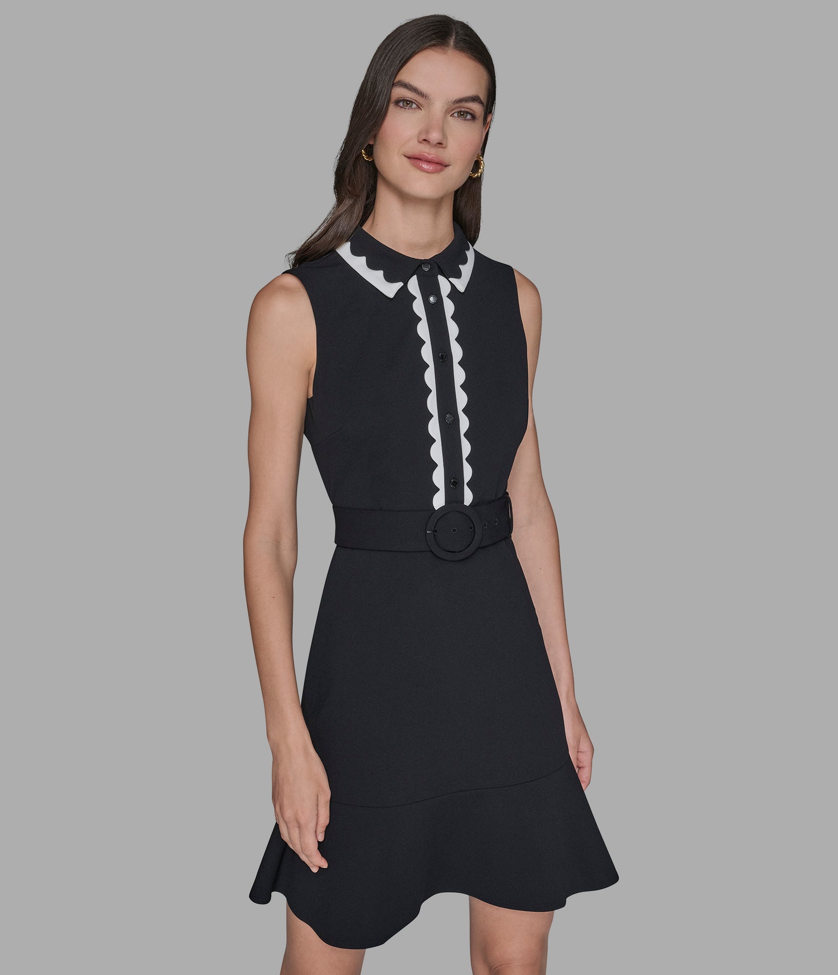 SCUBA CREPE A-LINE DRESS WITH SCALLOP TRIM View 1 | Women's Dresses & Jumpsuits SCUBA CREPE A-LINE DRESS WITH SCALLOP TRIM View 1 | Women's Dresses & Jumpsuits