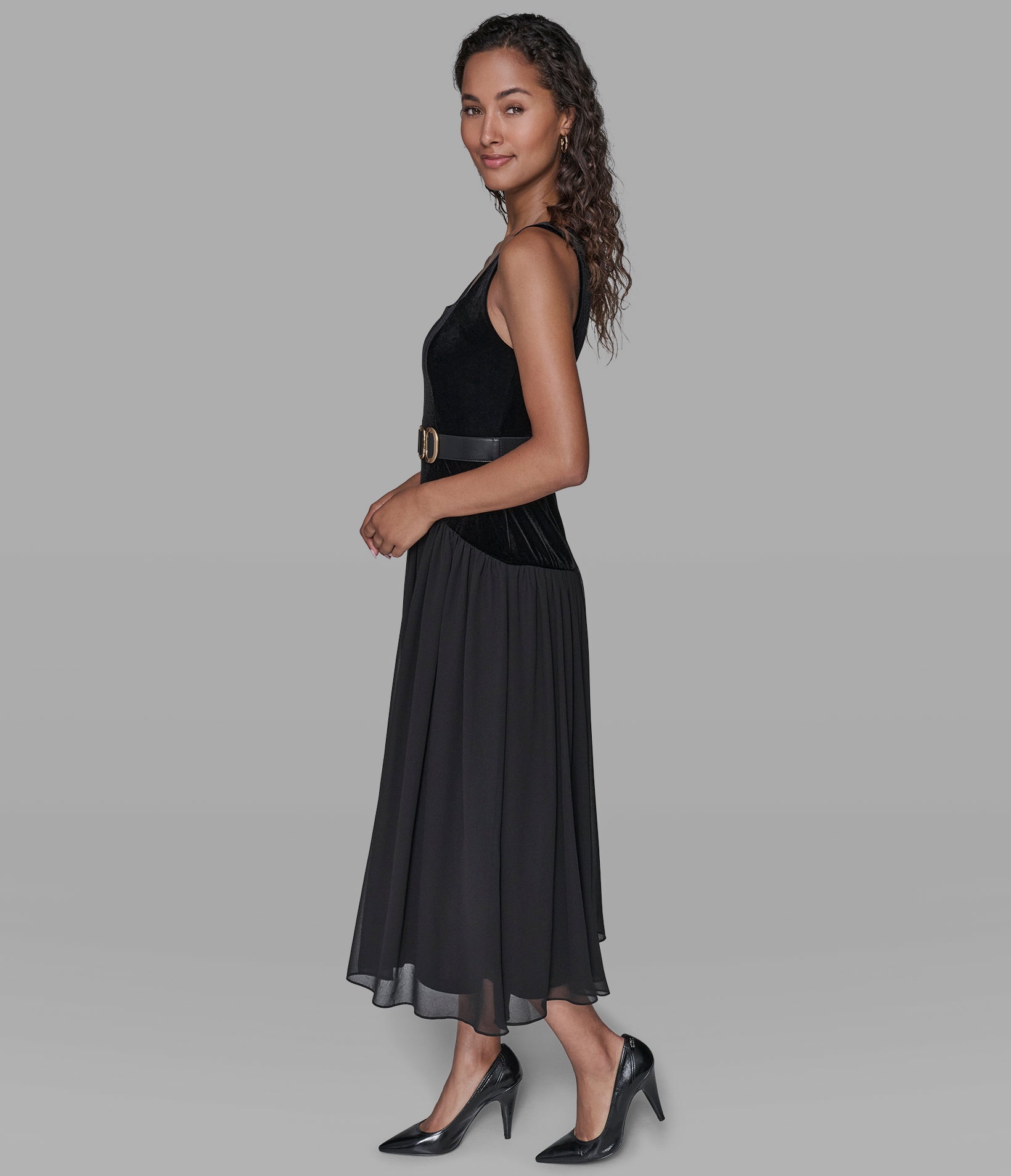 VELVET AND CHIFFON BELTED MIDI DRESS VIEW 3 | Best Sellers Shop VELVET AND CHIFFON BELTED MIDI DRESS VIEW 3 | Best Sellers Shop