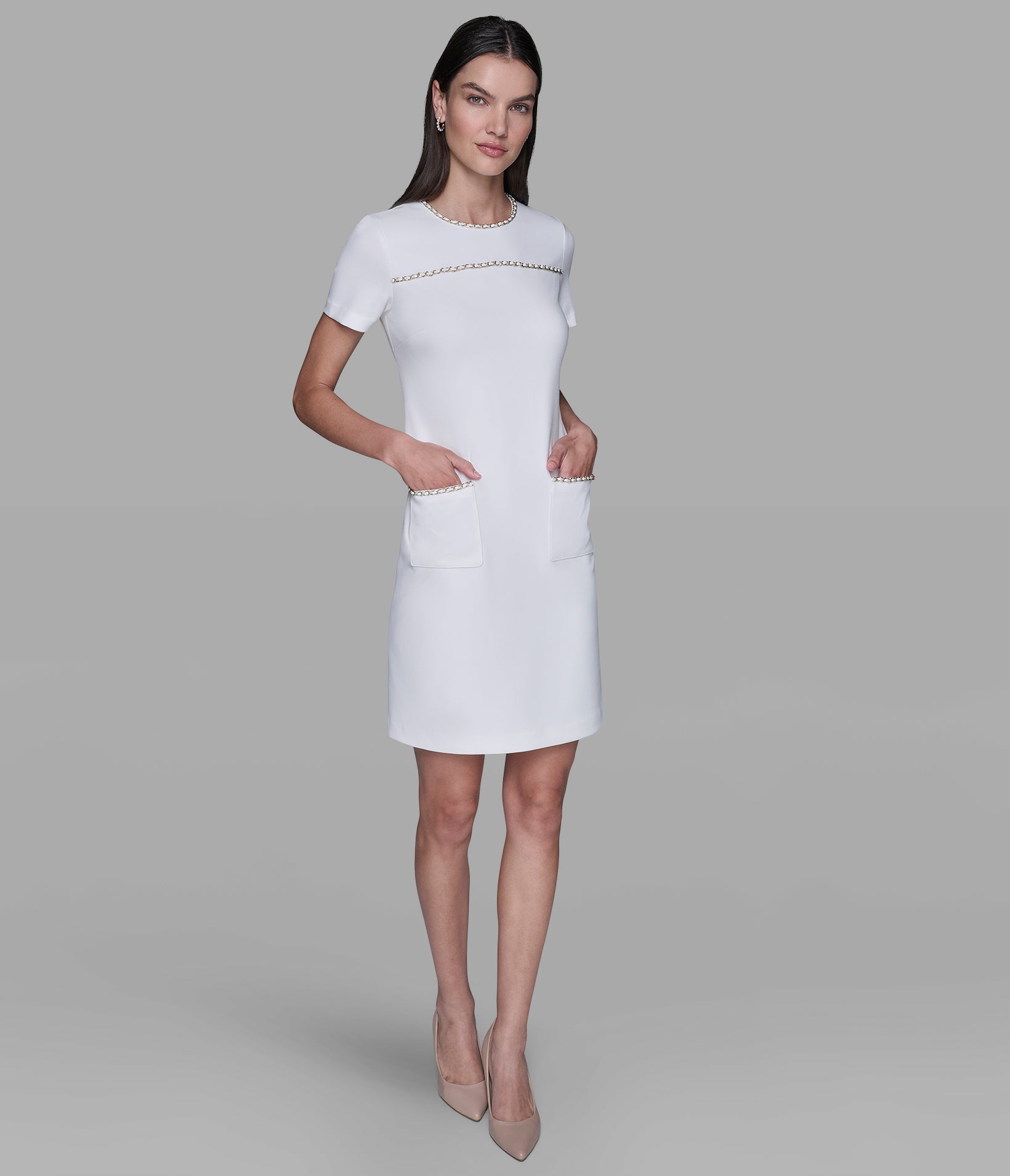 SCUBA CREPE SHIFT DRESS WITH CHAIN TRIMS View 1 | Women's Dresses & Jumpsuits SCUBA CREPE SHIFT DRESS WITH CHAIN TRIMS View 1 | Women's Dresses & Jumpsuits