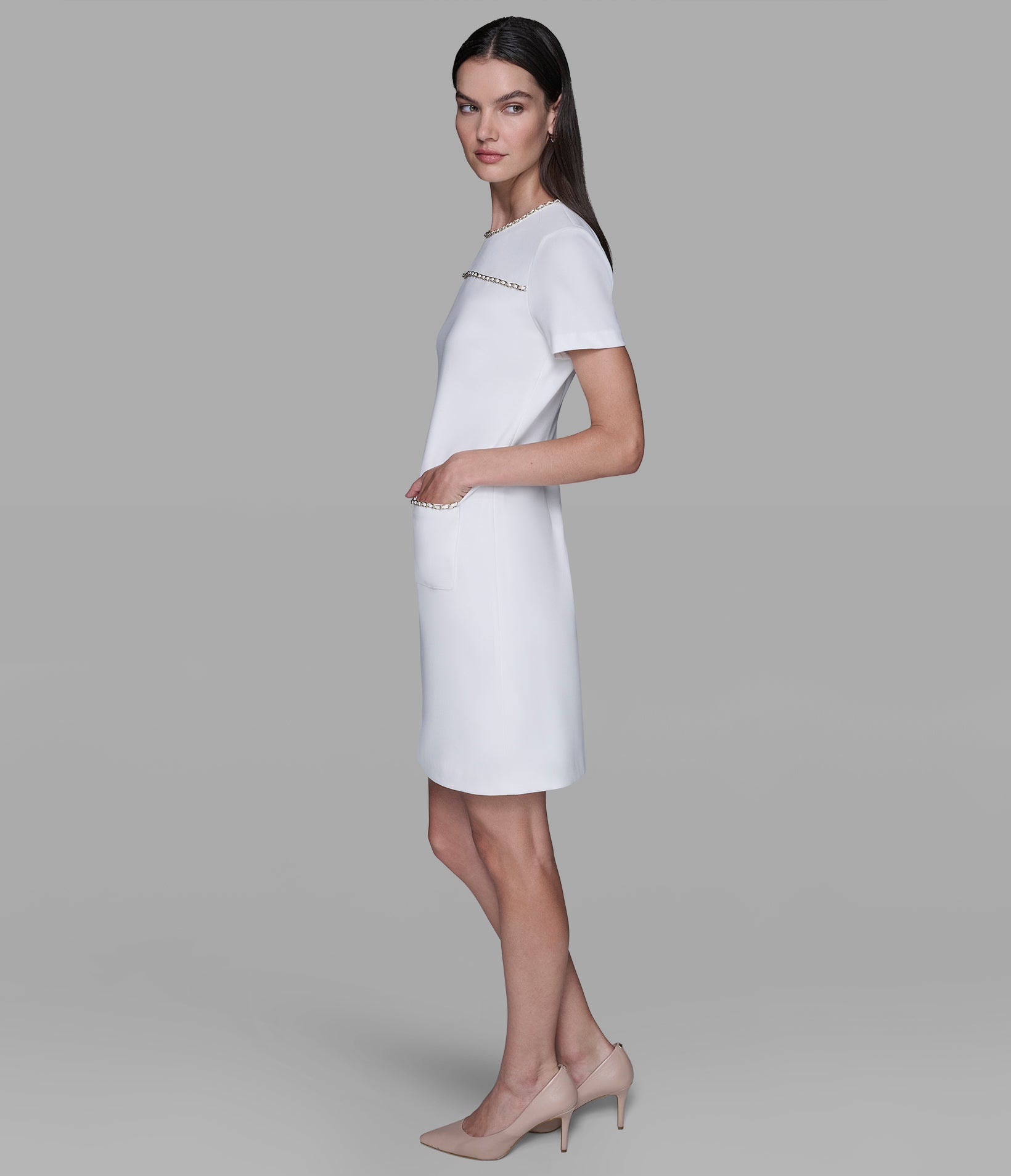 SCUBA CREPE SHIFT DRESS WITH CHAIN TRIMS VIEW 3 SCUBA CREPE SHIFT DRESS WITH CHAIN TRIMS VIEW 3