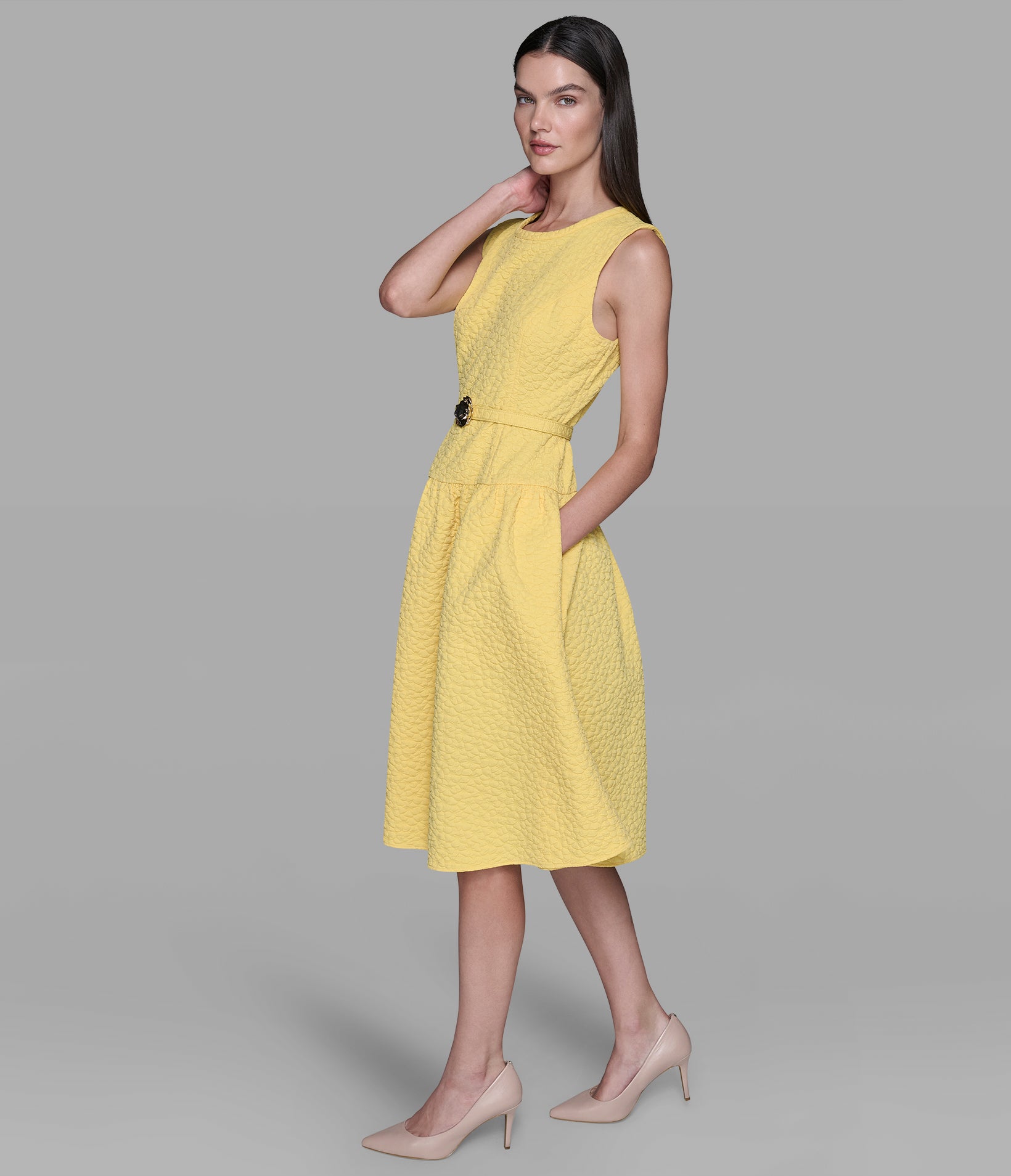 FLORAL JACQUARD A-LINE DRESS WITH FLOWER BELT VIEW 3 | Women's Dresses & Jumpsuits FLORAL JACQUARD A-LINE DRESS WITH FLOWER BELT VIEW 3 | Women's Dresses & Jumpsuits