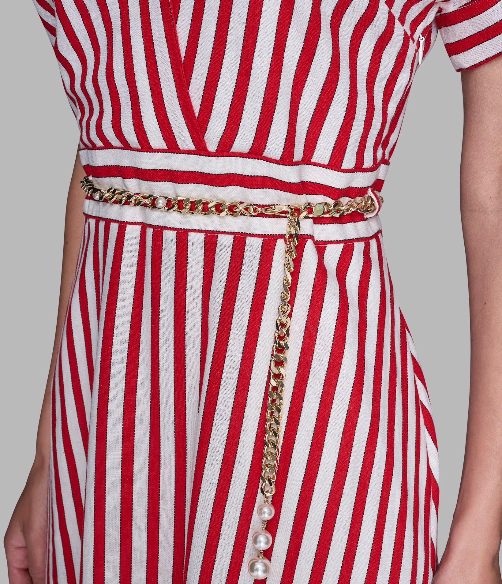 STRIPED LINEN MIDI DRESS WITH CHAIN BELT VIEW 3 | Valentine's Day Shop STRIPED LINEN MIDI DRESS WITH CHAIN BELT VIEW 3 | Valentine's Day Shop