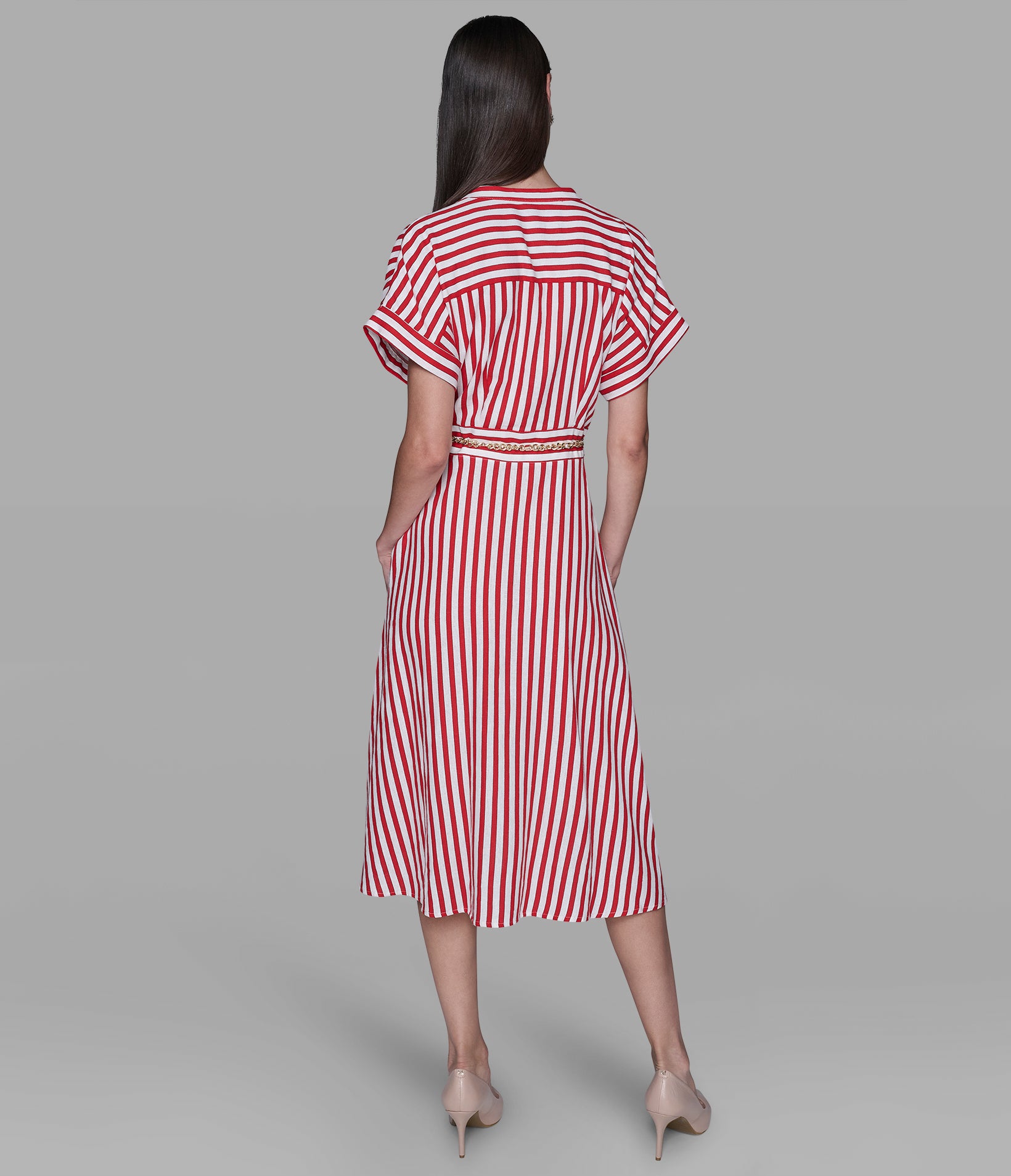 STRIPED LINEN MIDI DRESS WITH CHAIN BELT View 2 | Valentine's Day Shop STRIPED LINEN MIDI DRESS WITH CHAIN BELT View 2 | Valentine's Day Shop