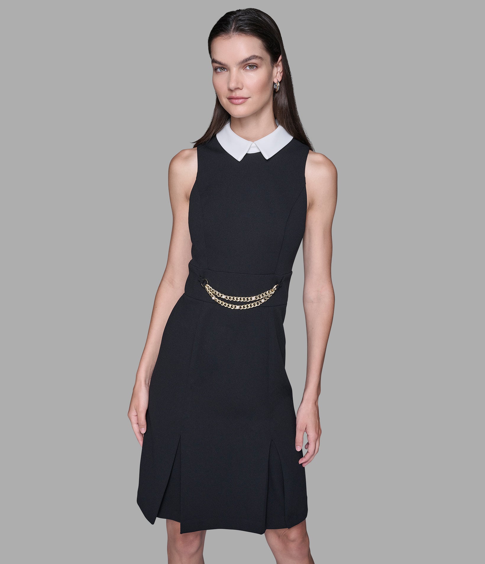 SCUBA CREPE SHEATH DRESS WITH CHAIN TRIM WAISTBAND View 1 | Women's Dresses & Jumpsuits SCUBA CREPE SHEATH DRESS WITH CHAIN TRIM WAISTBAND View 1 | Women's Dresses & Jumpsuits