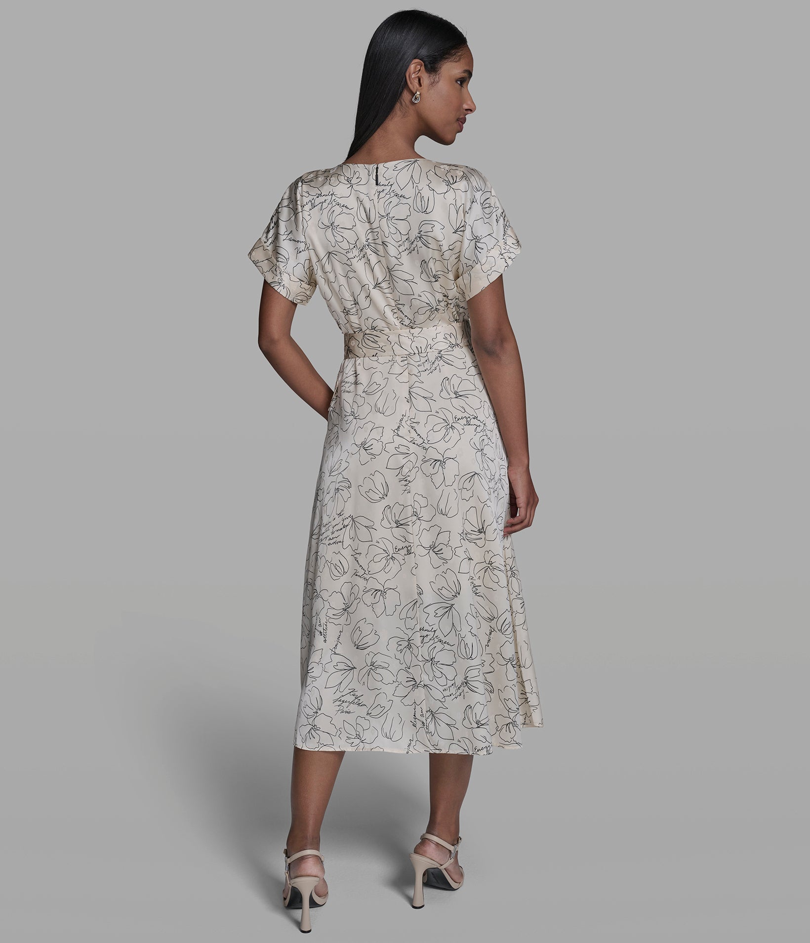 BELTED FLORAL OUTLINE MIDI DRESS View 2 | New Arrivals BELTED FLORAL OUTLINE MIDI DRESS View 2 | New Arrivals