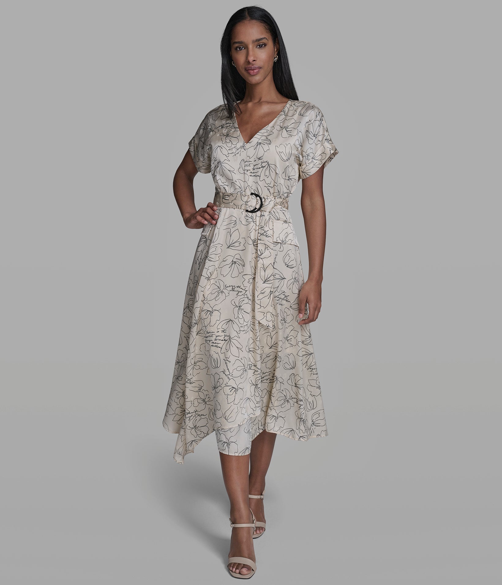 BELTED FLORAL OUTLINE MIDI DRESS View 1 | New Arrivals BELTED FLORAL OUTLINE MIDI DRESS View 1 | New Arrivals