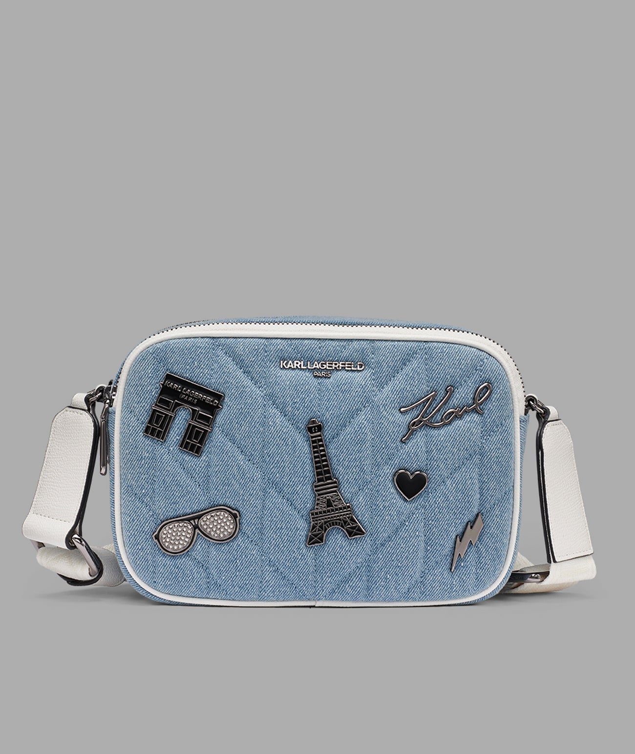 MAYBELLE DENIM CROSSBODY WITH PARIS PINS View 1 | The Handbag Edit MAYBELLE DENIM CROSSBODY WITH PARIS PINS View 1 | The Handbag Edit