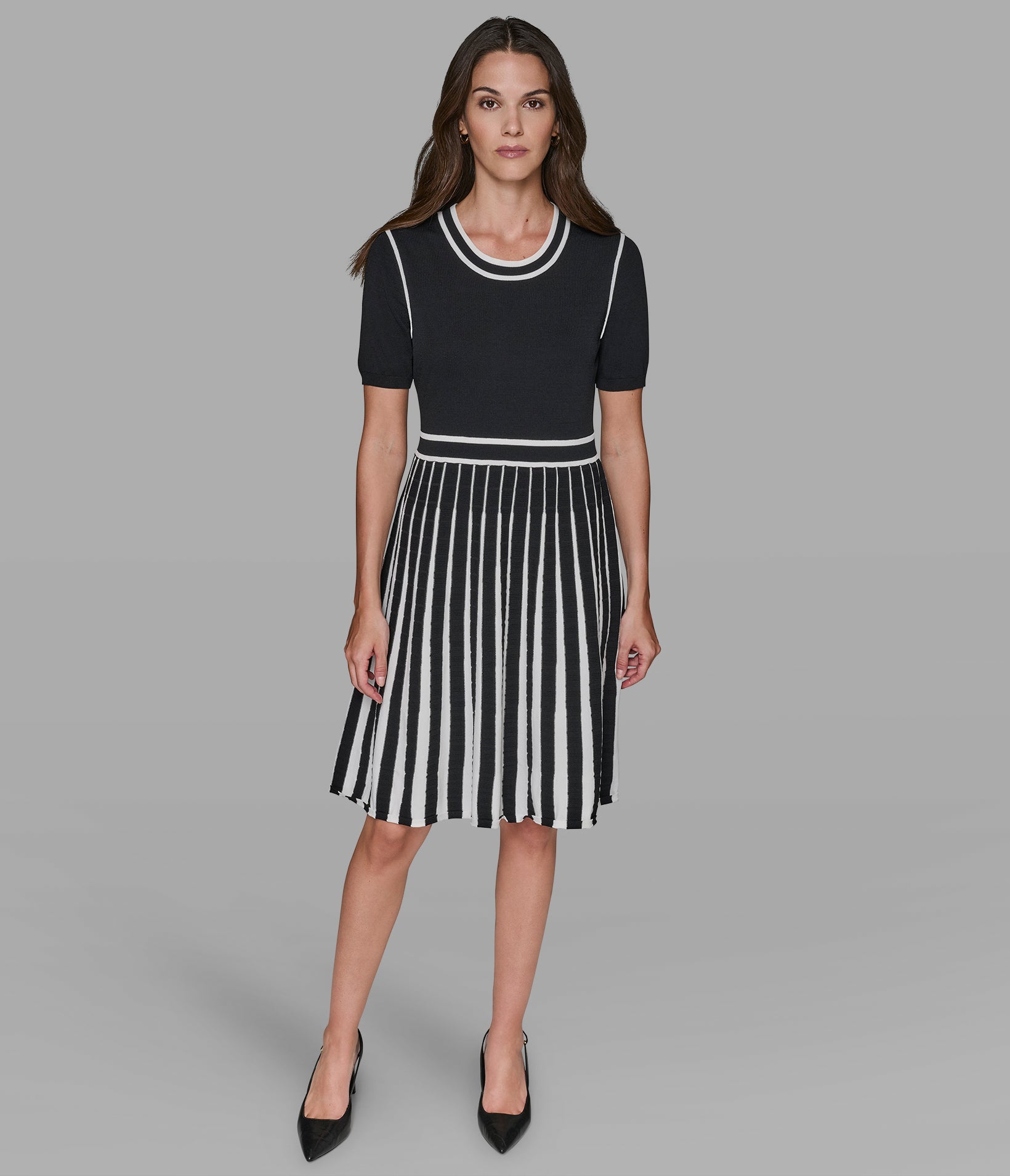 SHORT SLEEVE A-LINE SWEATER DRESS WITH CONTRAST TRIM View 1 | Women's Dresses & Jumpsuits SHORT SLEEVE A-LINE SWEATER DRESS WITH CONTRAST TRIM View 1 | Women's Dresses & Jumpsuits