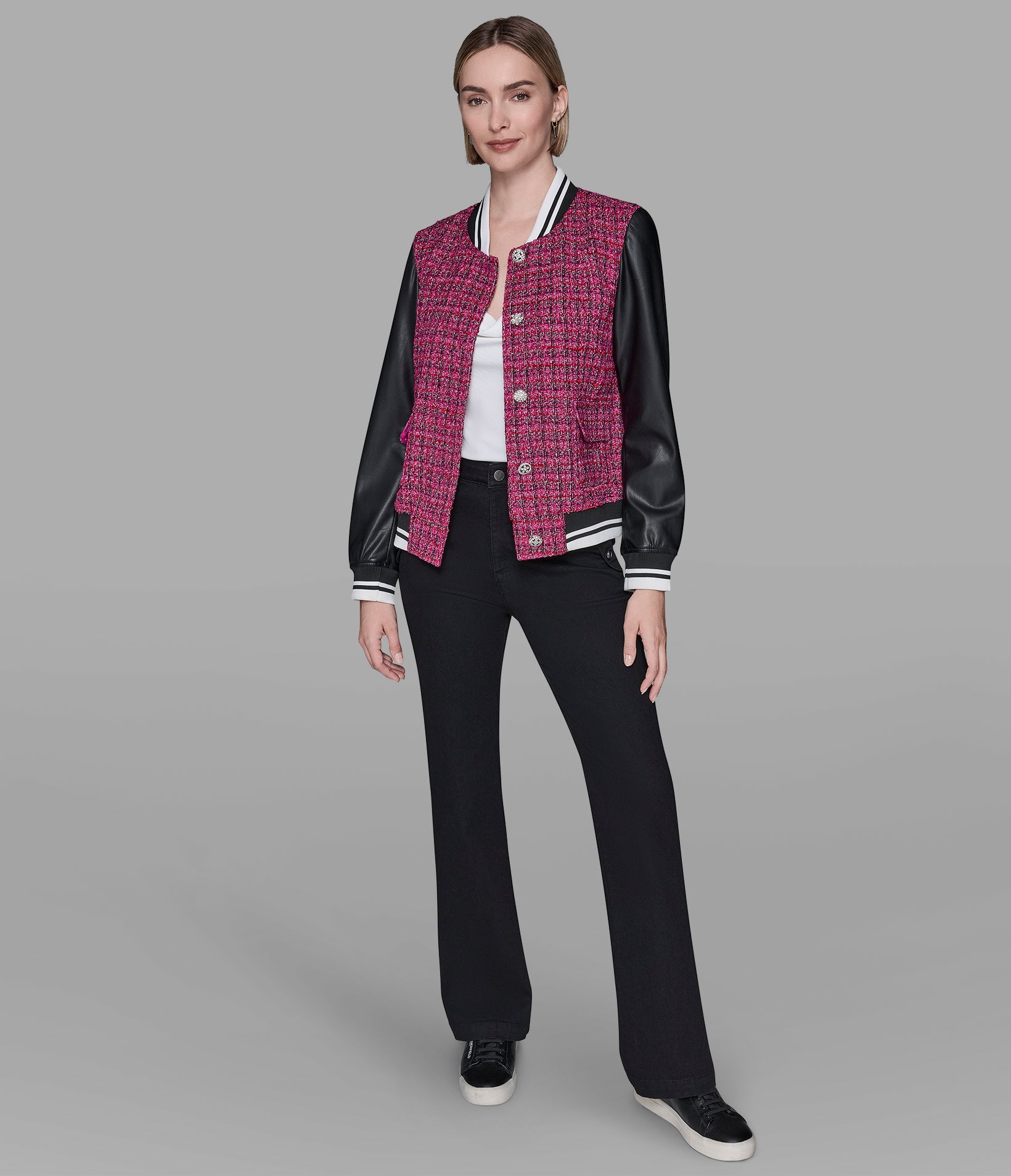 MIXED MEDIA TWEED VARSITY JACKET VIEW 4 | Valentine's Day Shop MIXED MEDIA TWEED VARSITY JACKET VIEW 4 | Valentine's Day Shop