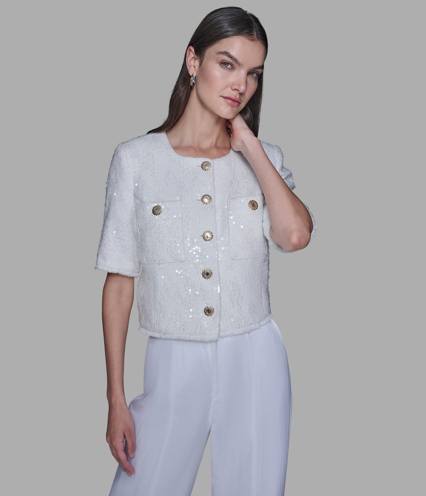 SHORT SLEEVE SHIMMER TWEED JACKET View 1 | Women's Sale SHORT SLEEVE SHIMMER TWEED JACKET View 1 | Women's Sale