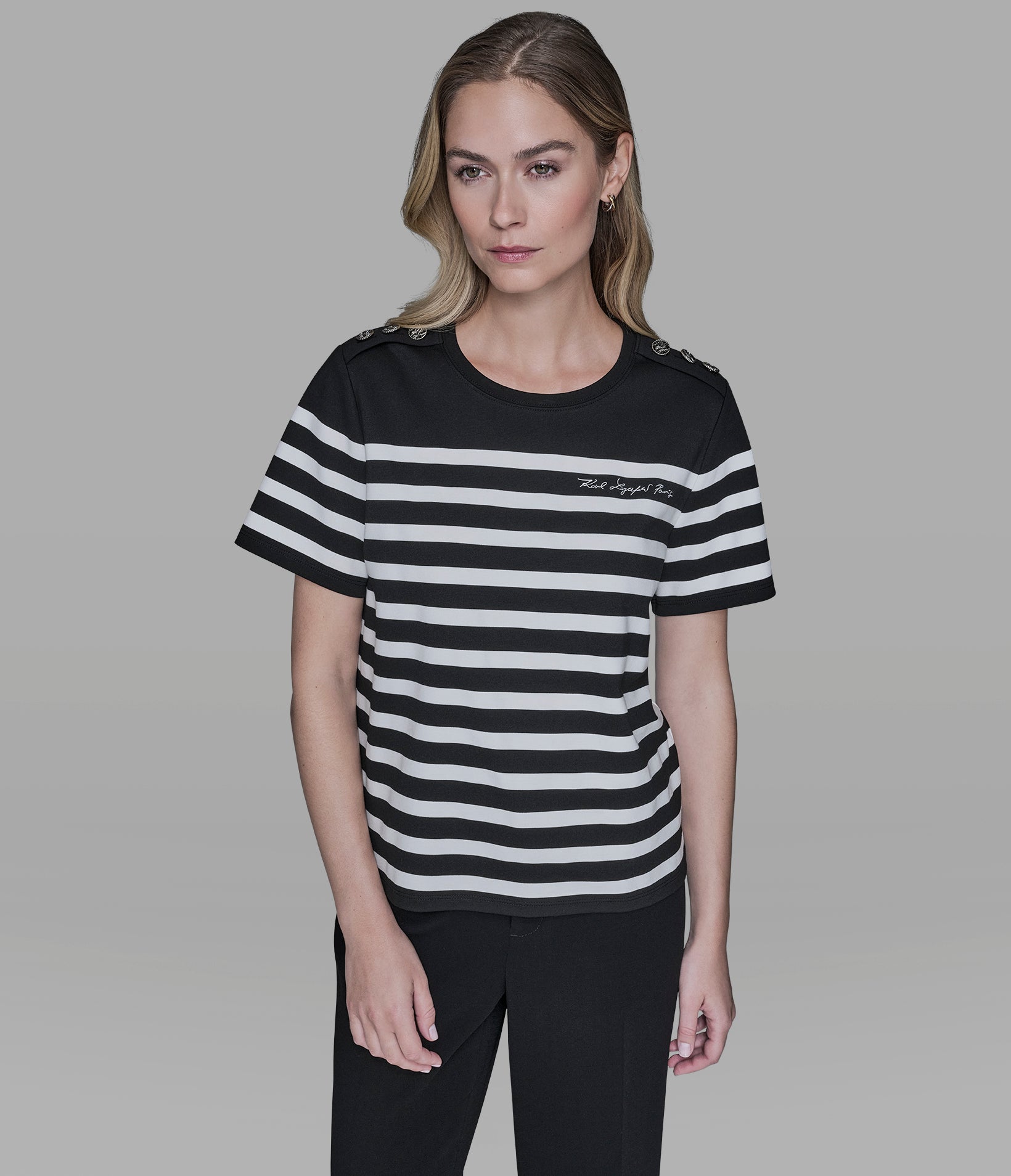 SHORT SLEEVE STRIPED KARL TEE View 1 | Women's Tops & Sweaters SHORT SLEEVE STRIPED KARL TEE View 1 | Women's Tops & Sweaters