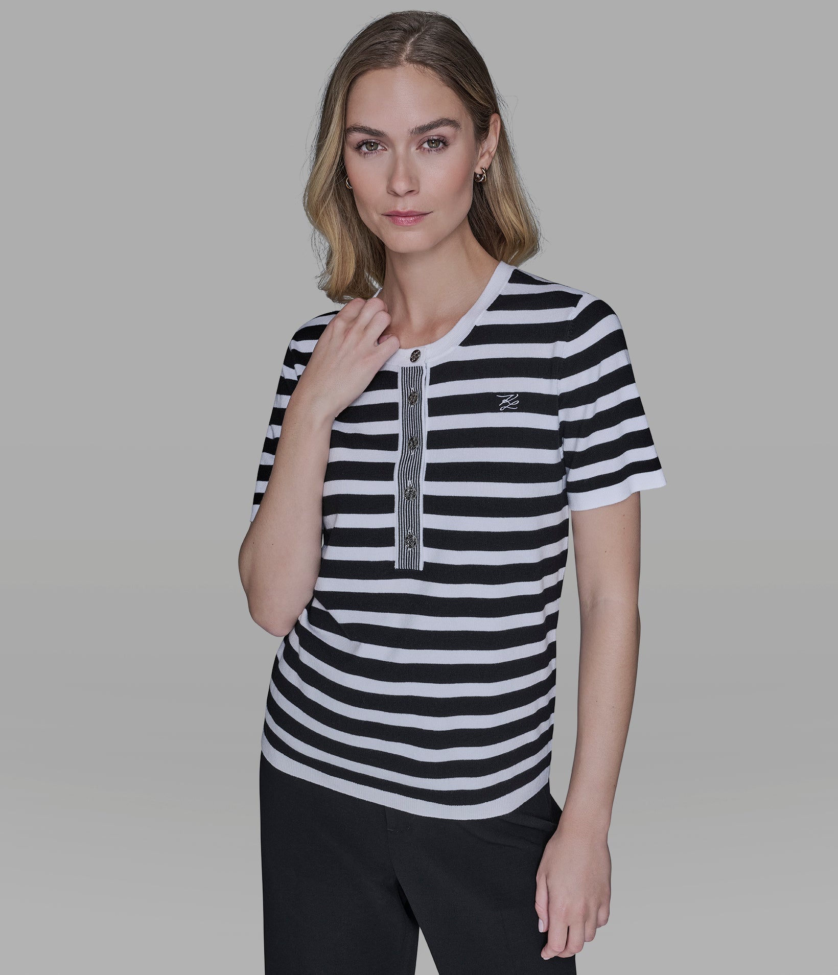 SHORT SLEEVE HENLEY STRIPED SWEATER View 1 | Women's Tops & Sweaters SHORT SLEEVE HENLEY STRIPED SWEATER View 1 | Women's Tops & Sweaters