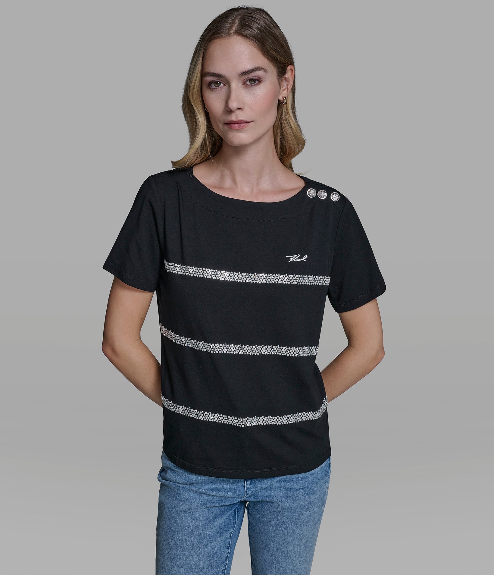 KARL SCRIPT TEE WITH PEARL TRIM View 1 | Women's Tees & Tanks KARL SCRIPT TEE WITH PEARL TRIM View 1 | Women's Tees & Tanks