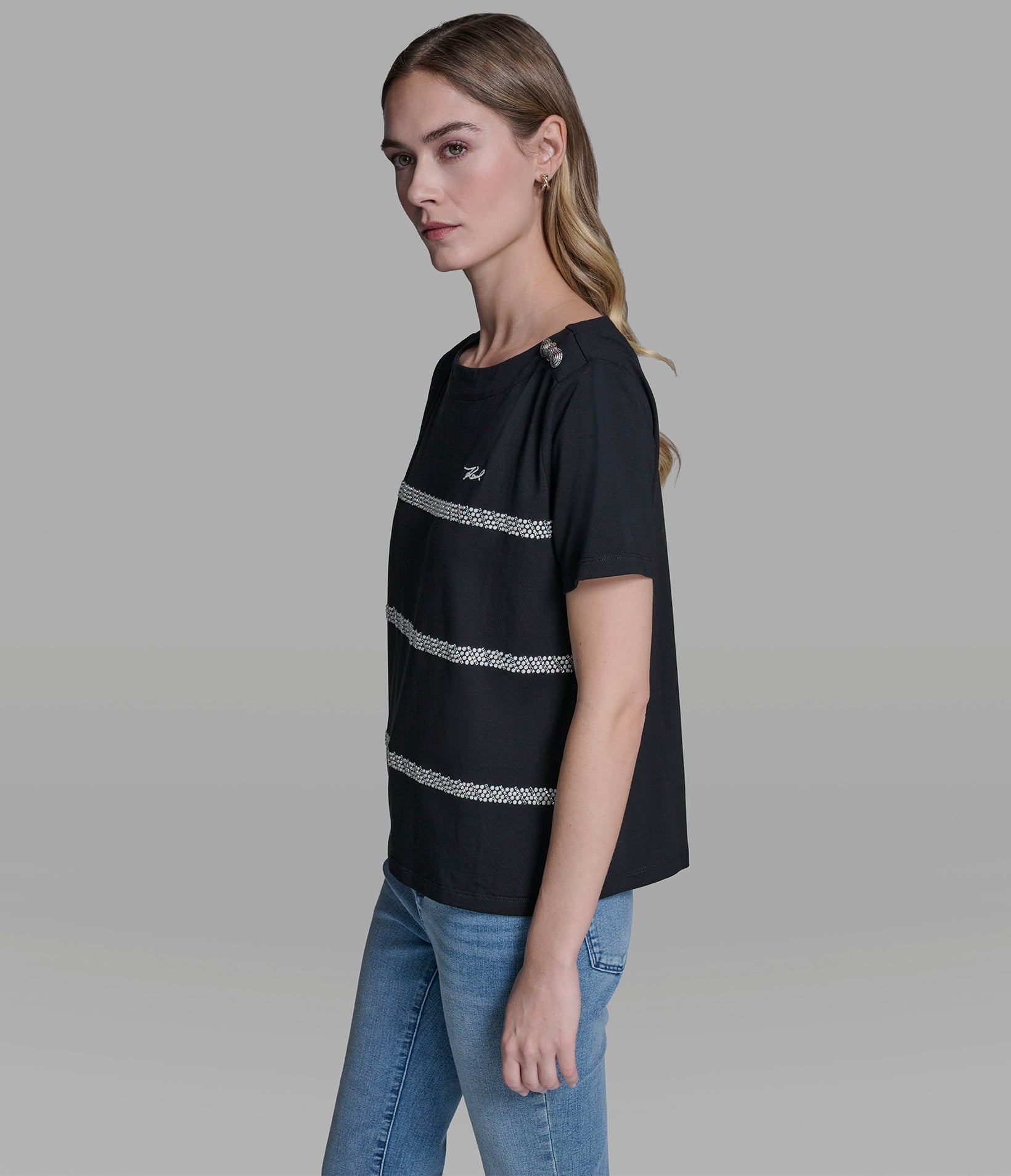 KARL SCRIPT TEE WITH PEARL TRIM VIEW 3 | New Arrivals KARL SCRIPT TEE WITH PEARL TRIM VIEW 3 | New Arrivals