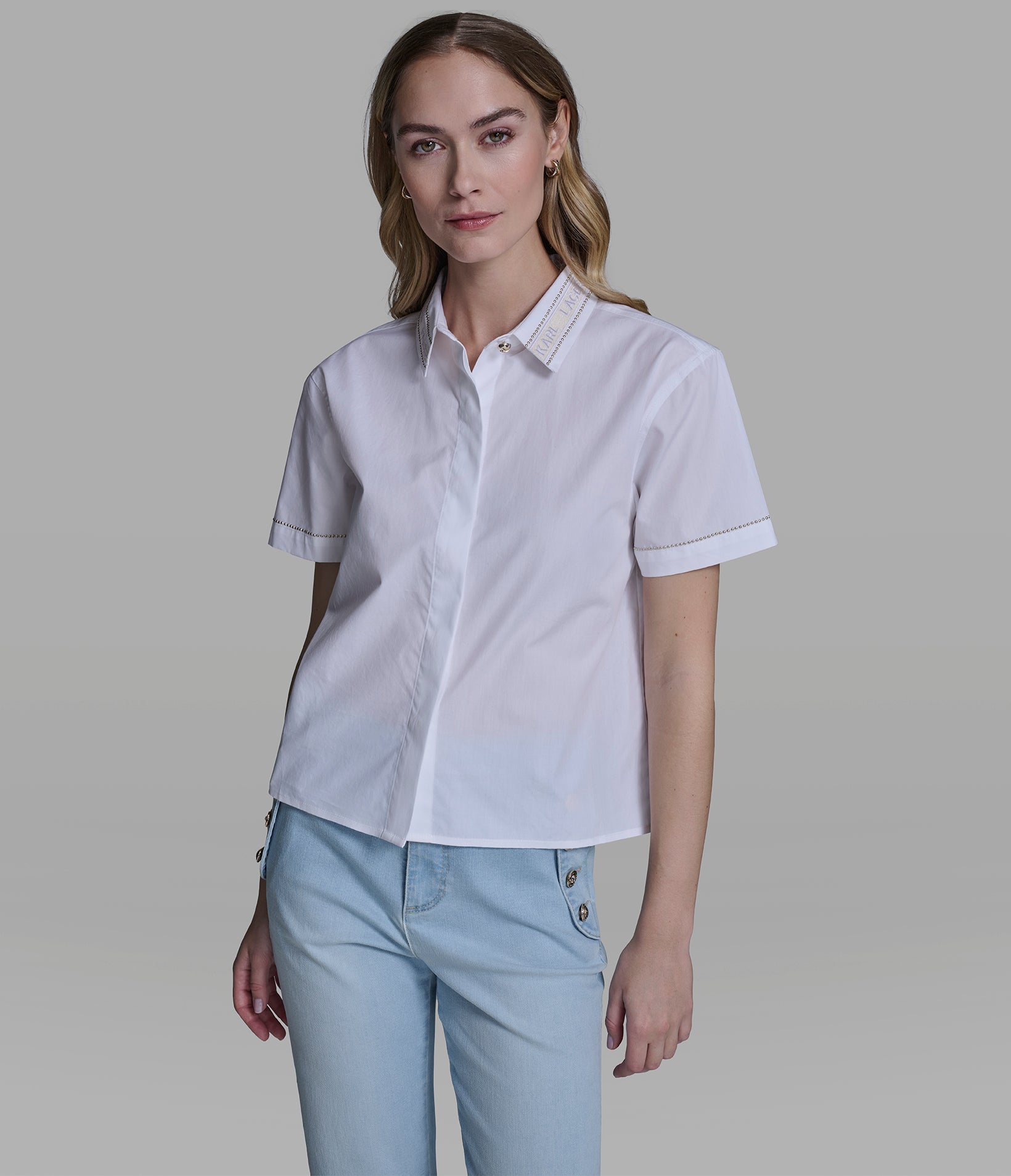 SHORT SLEEVE POPLIN SHIRT WITH EMBELLISHED TRIM VIEW 5 | New Arrivals SHORT SLEEVE POPLIN SHIRT WITH EMBELLISHED TRIM VIEW 5 | New Arrivals