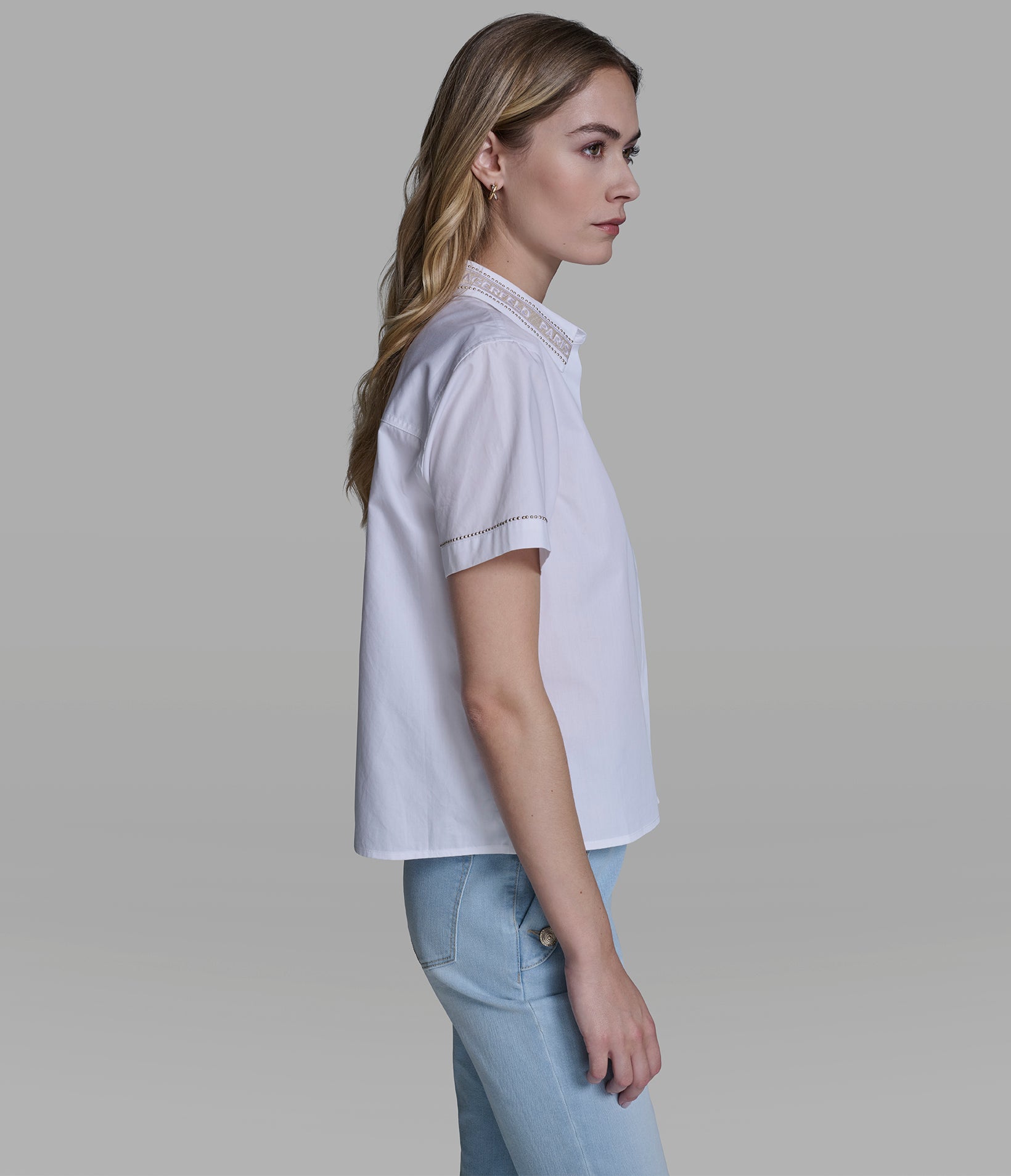 SHORT SLEEVE POPLIN SHIRT WITH EMBELLISHED TRIM VIEW 4 | New Arrivals SHORT SLEEVE POPLIN SHIRT WITH EMBELLISHED TRIM VIEW 4 | New Arrivals