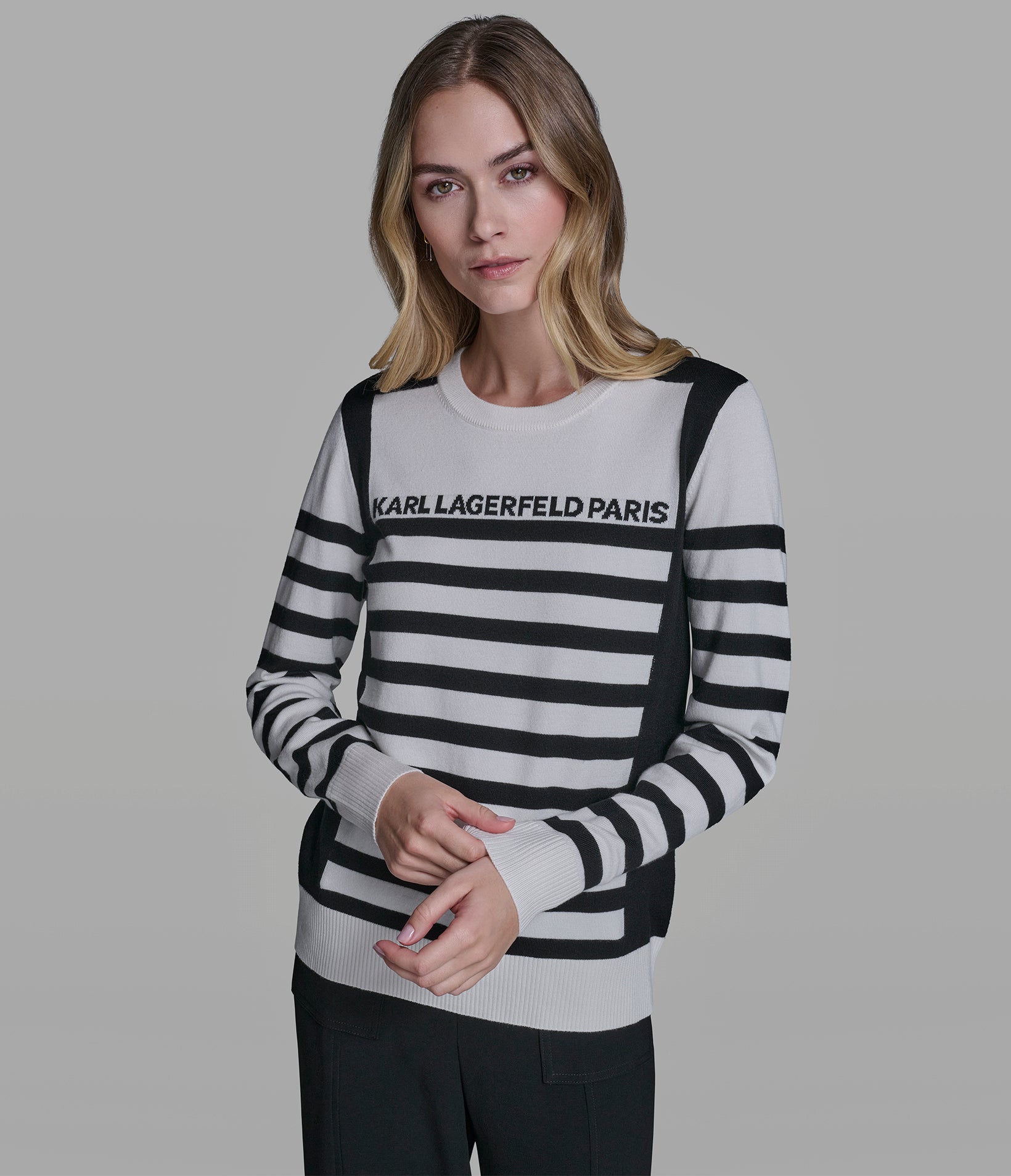 LONG SLEEVE STRIPED LOGO SWEATER View 1 | Women's Clothing LONG SLEEVE STRIPED LOGO SWEATER View 1 | Women's Clothing