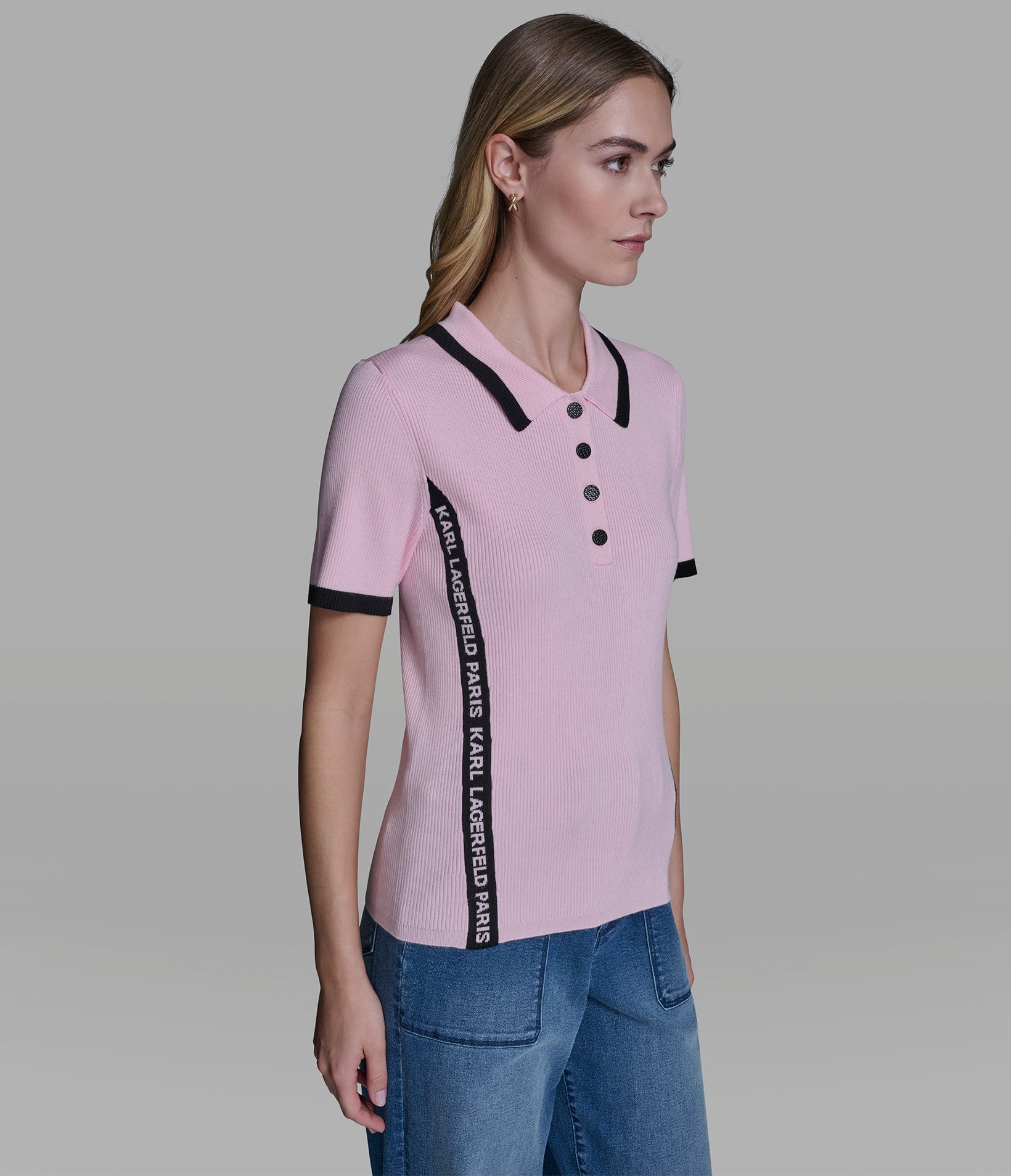 SHORT SLEEVE LOGO TRIM POLO SWEATER View 2 | Women's Tops & Sweaters SHORT SLEEVE LOGO TRIM POLO SWEATER View 2 | Women's Tops & Sweaters