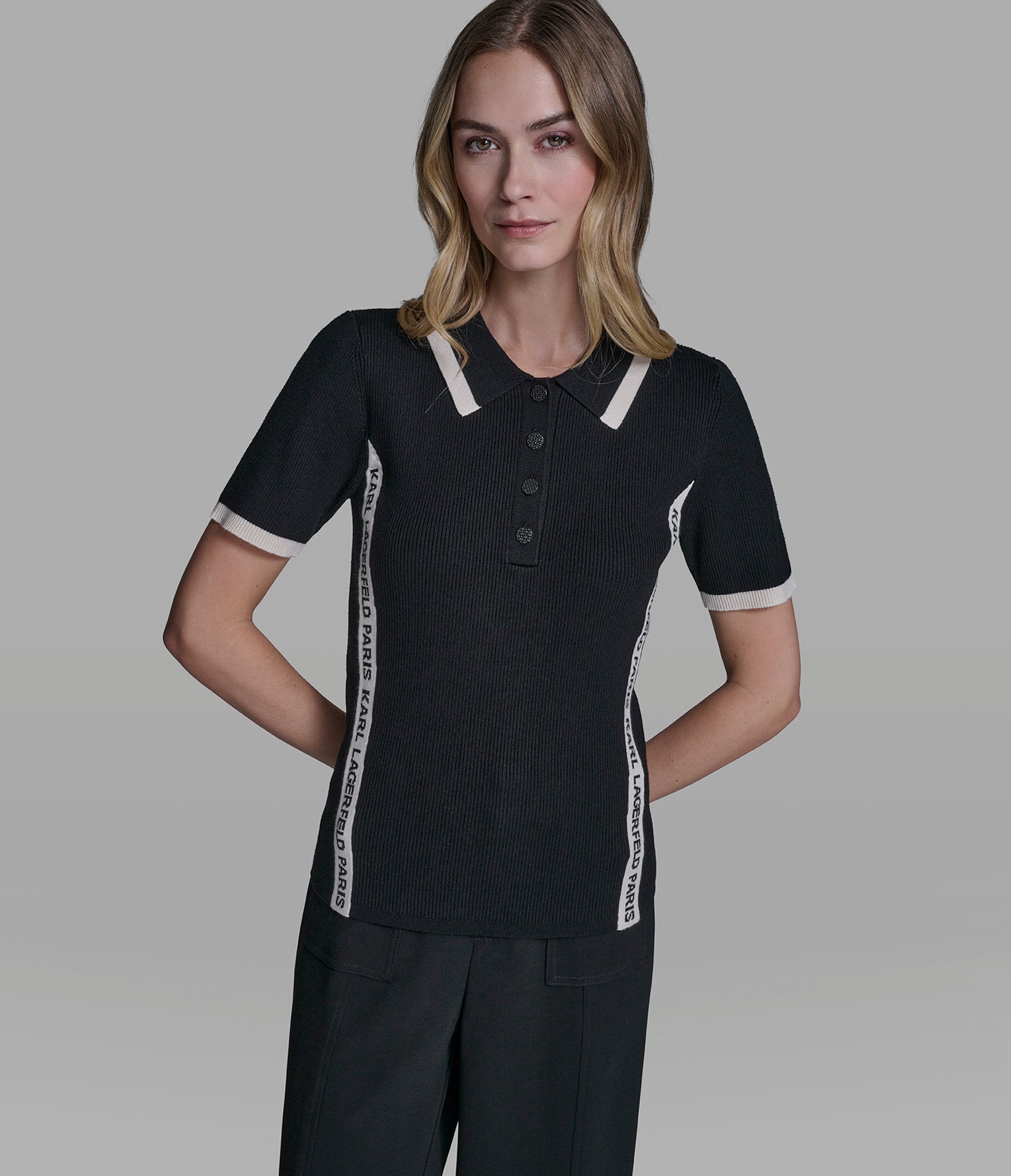 SHORT SLEEVE LOGO TRIM POLO SWEATER View 1 | Women's Tops & Sweaters SHORT SLEEVE LOGO TRIM POLO SWEATER View 1 | Women's Tops & Sweaters