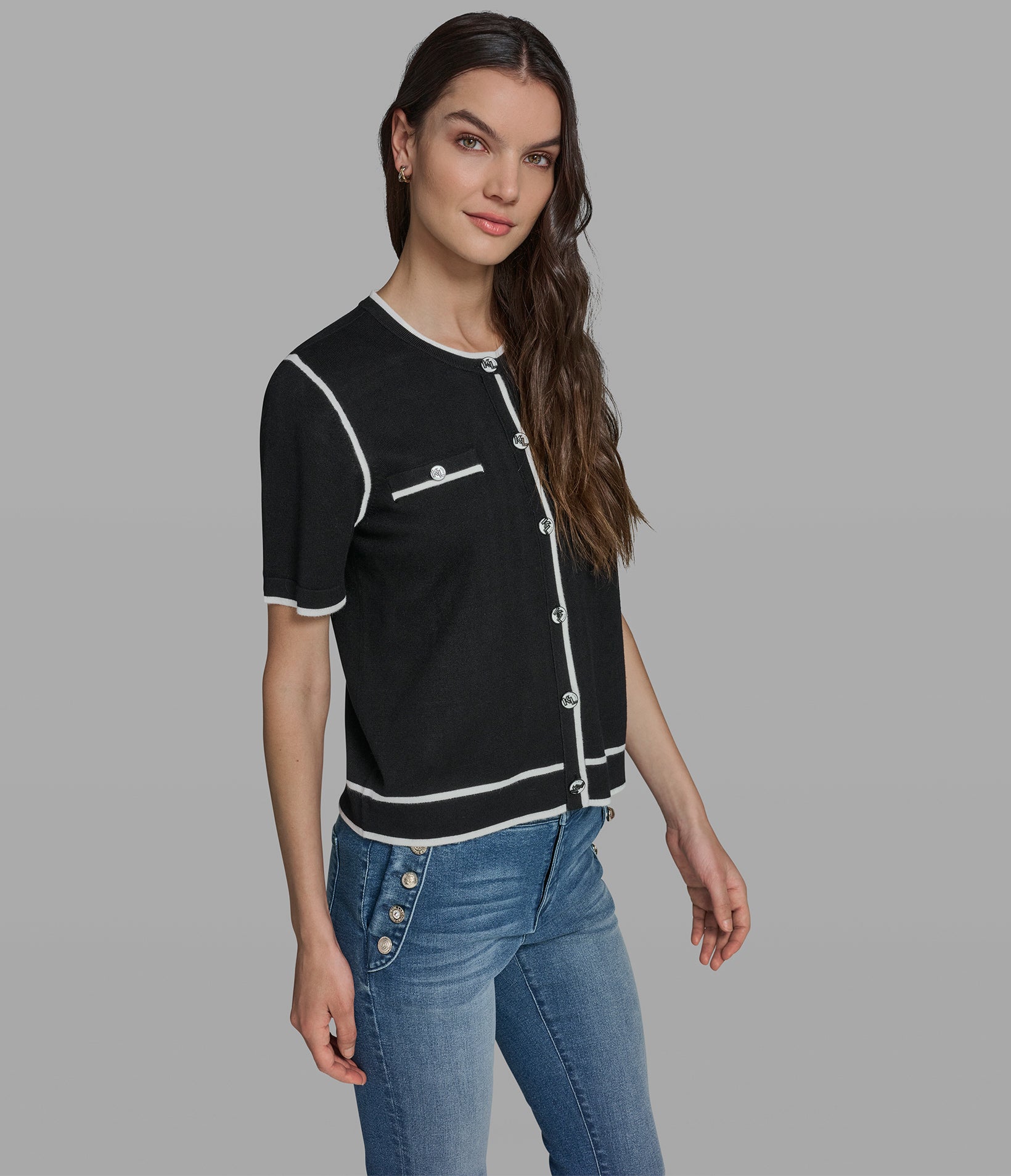 SHORT SLEEVE CARDIGAN WITH CONTRAST TRIM VIEW 5 | Women's Clothing SHORT SLEEVE CARDIGAN WITH CONTRAST TRIM VIEW 5 | Women's Clothing