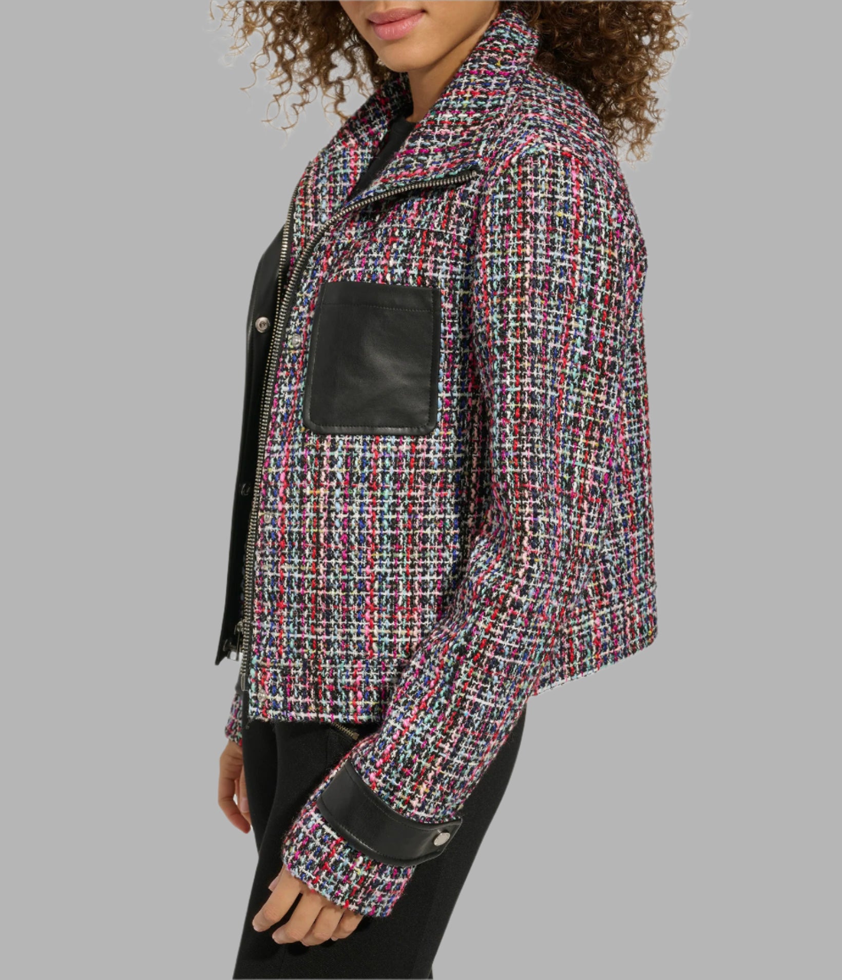 TWEED AND FAUX LEATHER FRONT ZIP JACKET VIEW 4 | Jackets & Coats TWEED AND FAUX LEATHER FRONT ZIP JACKET VIEW 4 | Jackets & Coats