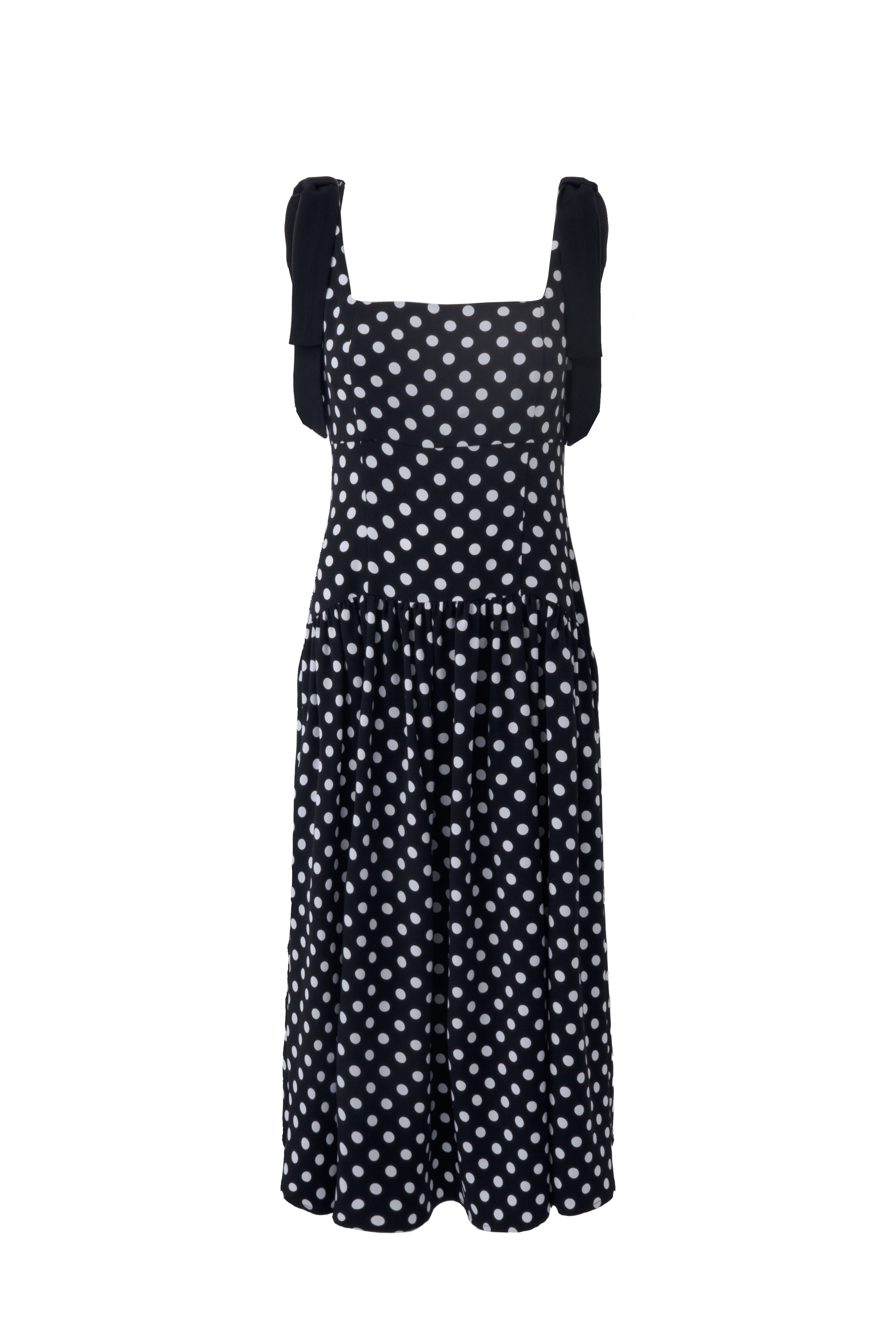 BOW STRAP POLKA DOT MIDI DRESS View 2 | Products