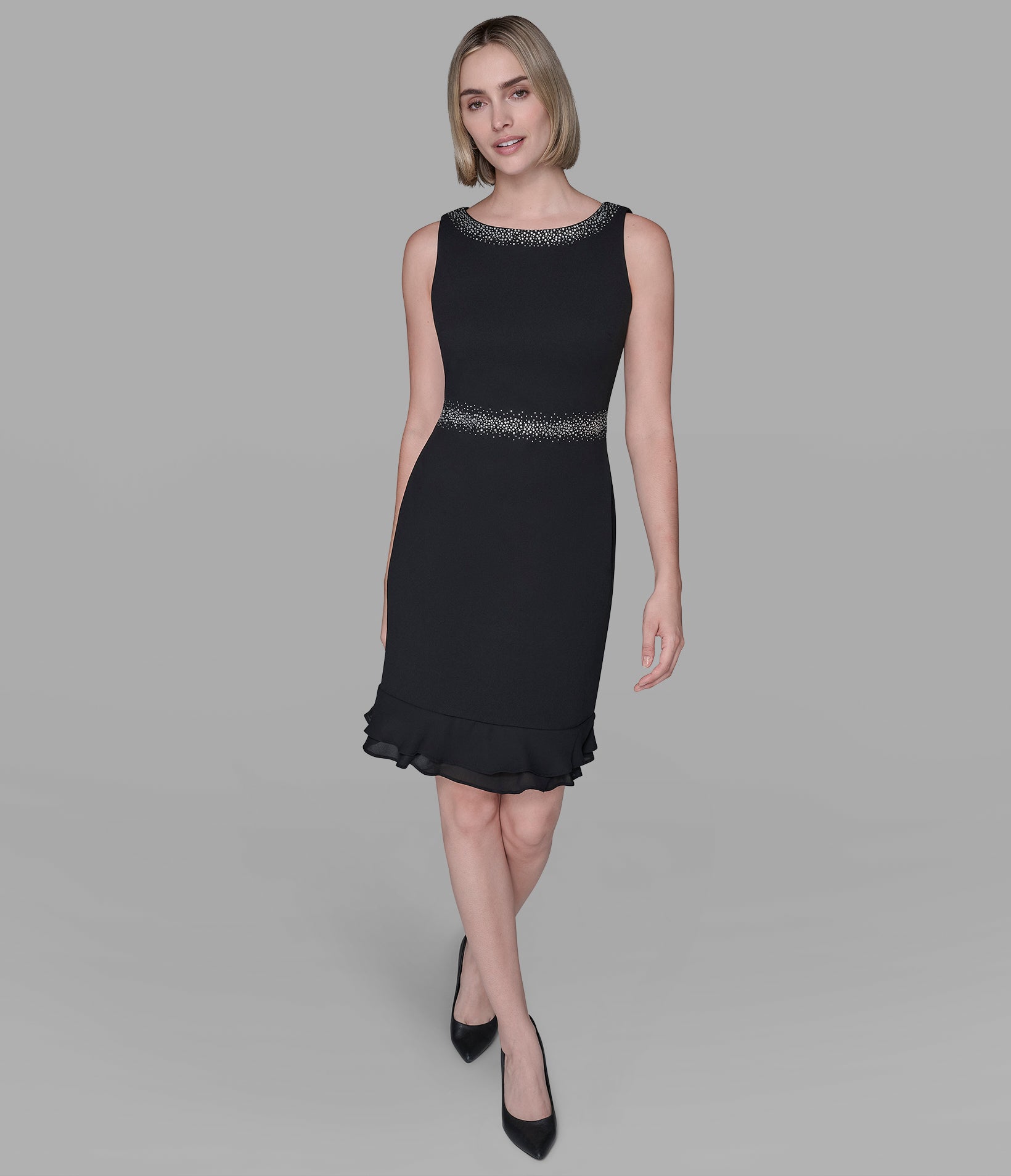 SCUBA CREPE SHEATH DRESS WITH EMBELLISHED NECKLINE View 1 | Women's Dresses & Jumpsuits