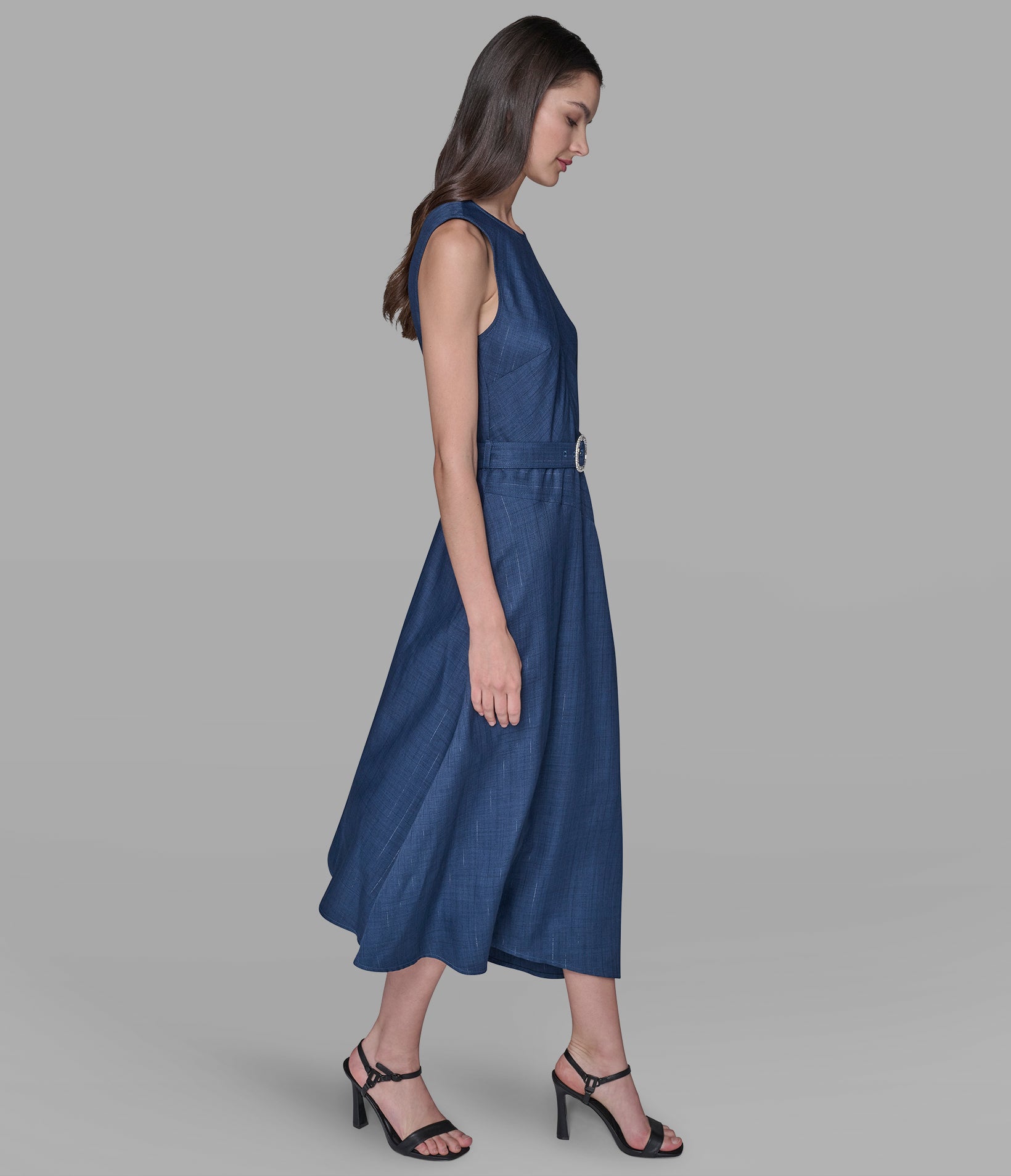 BELTED PINSTRIPE DENIM MIDI DRESS VIEW 3 | Women's Clothing Sale