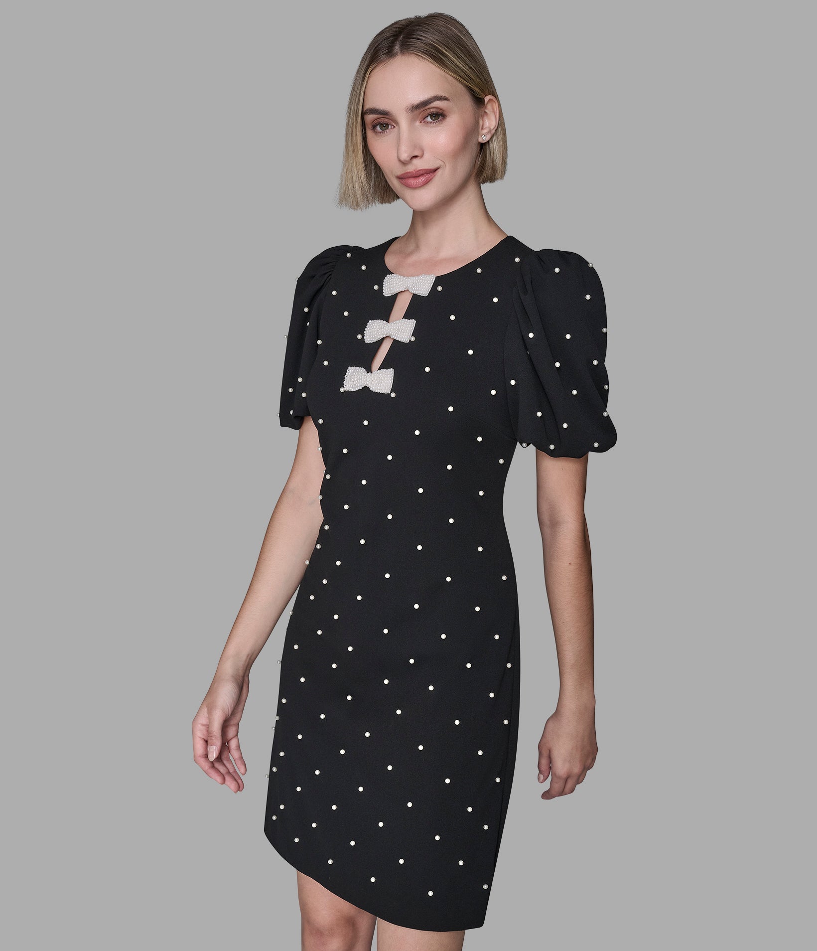 SCUBA CREPE SHEATH DRESS WITH PEARL DETAILS View 1 | Women's Dresses & Jumpsuits