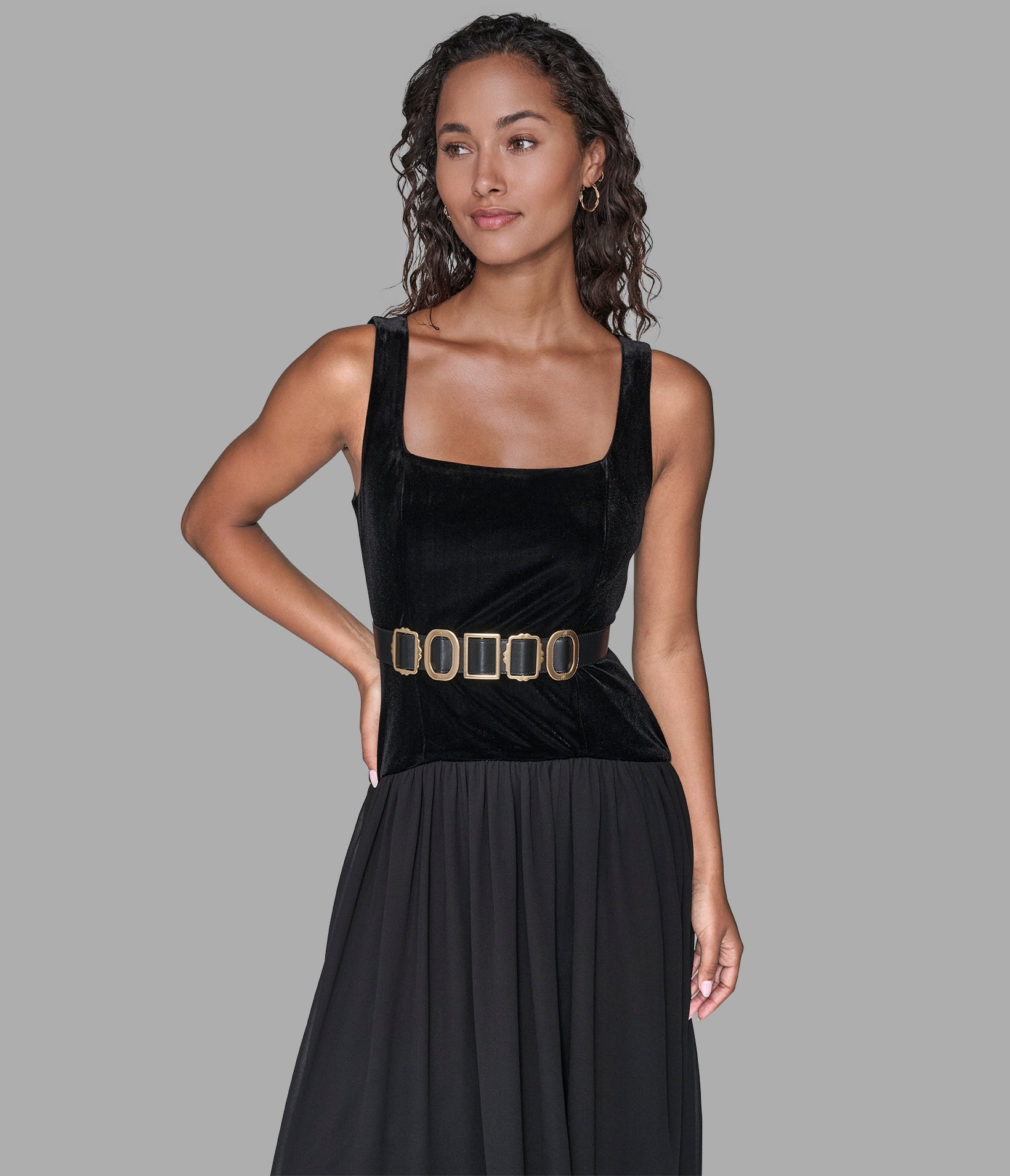 VELVET AND CHIFFON BELTED MIDI DRESS VIEW 4 | Best Sellers Shop