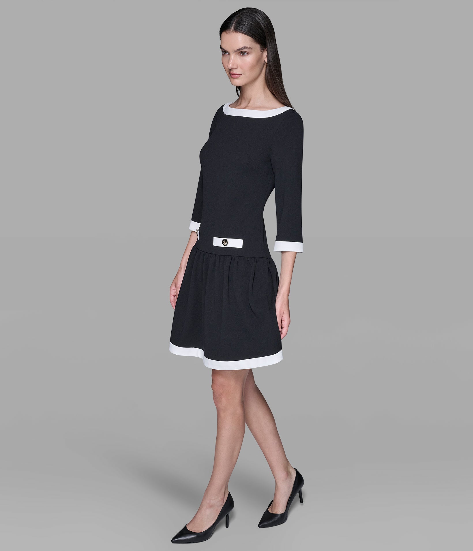 SCUBA CREPE A-LINE DRESS WITH CONTRAST TRIM VIEW 3