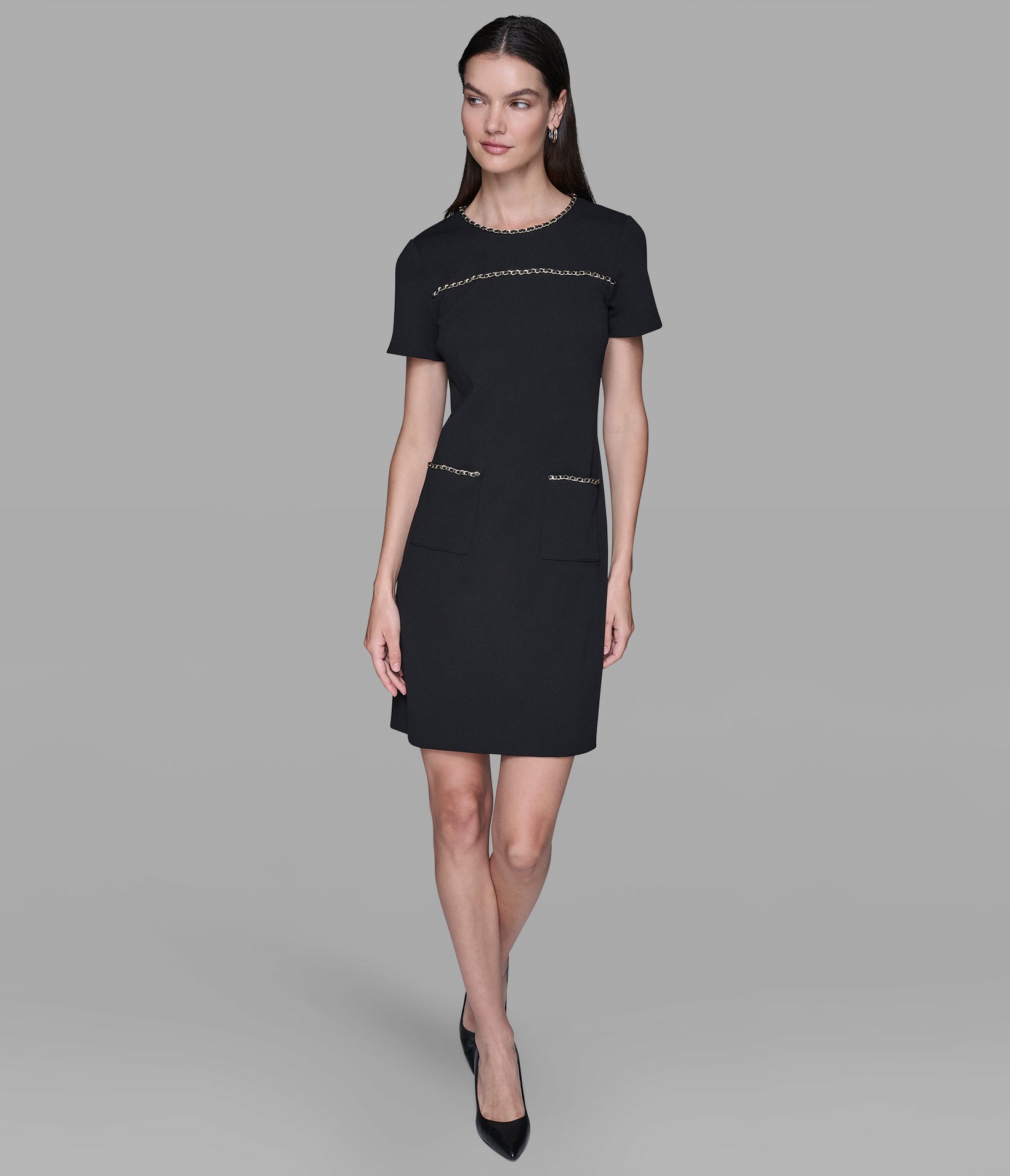SCUBA CREPE SHIFT DRESS WITH CHAIN TRIMS View 1 | Women's Dresses & Jumpsuits