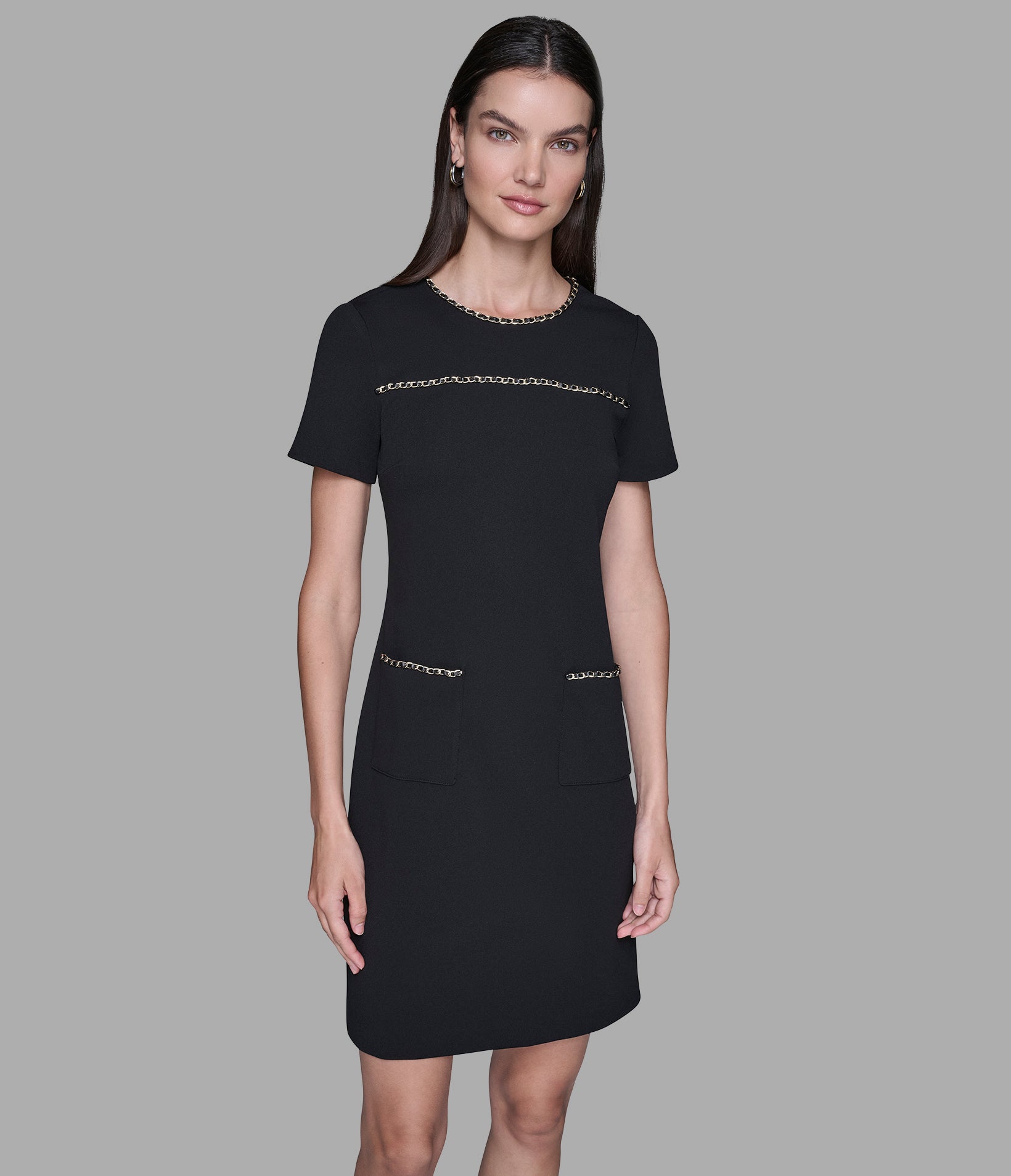 SCUBA CREPE SHIFT DRESS WITH CHAIN TRIMS VIEW 4 | Women's Sale