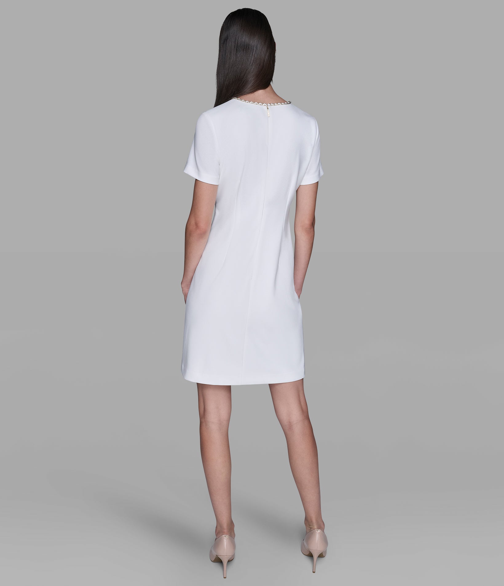 SCUBA CREPE SHIFT DRESS WITH CHAIN TRIMS View 2 | Women's Dresses & Jumpsuits