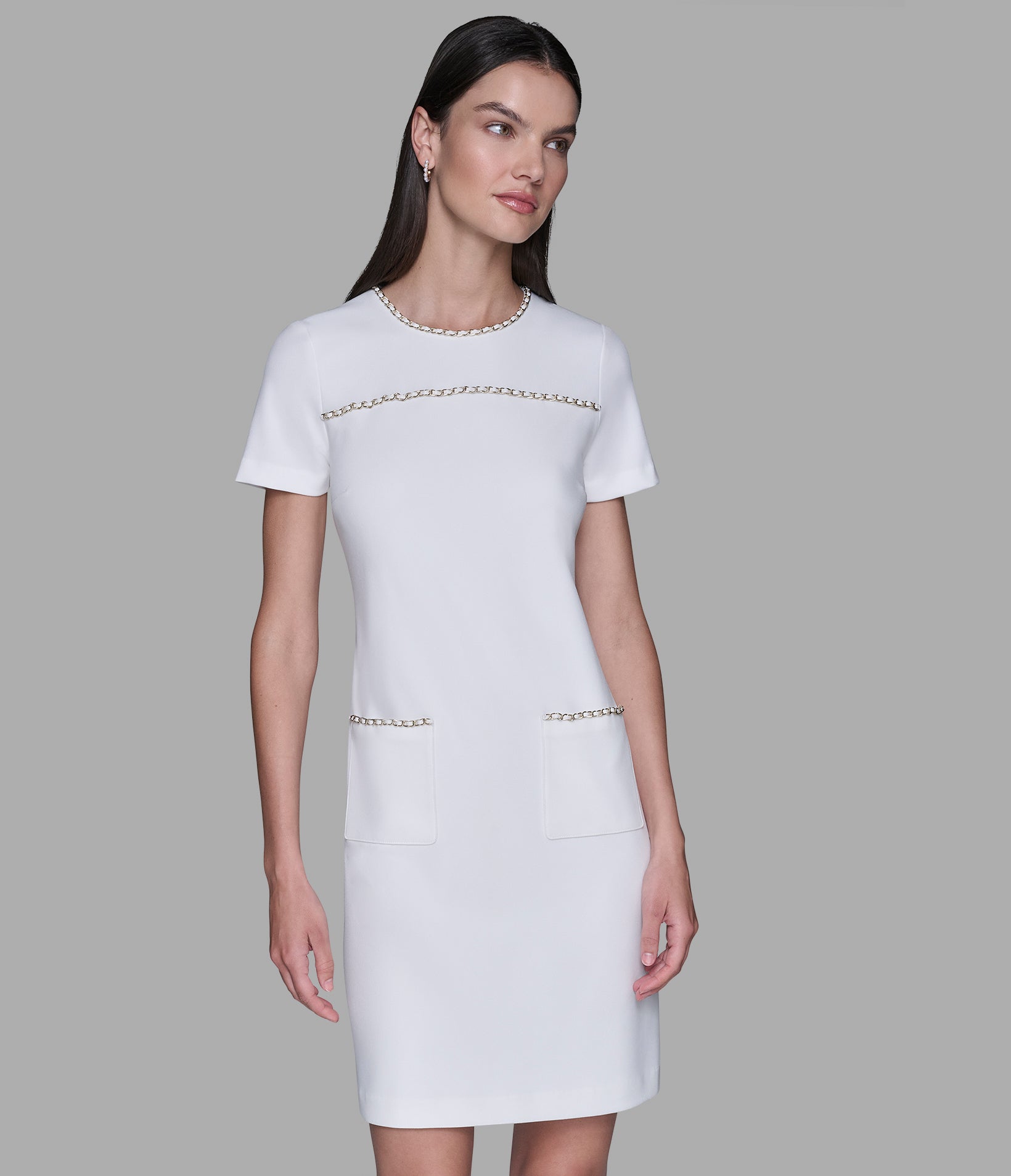 SCUBA CREPE SHIFT DRESS WITH CHAIN TRIMS VIEW 4 | Women's Sale