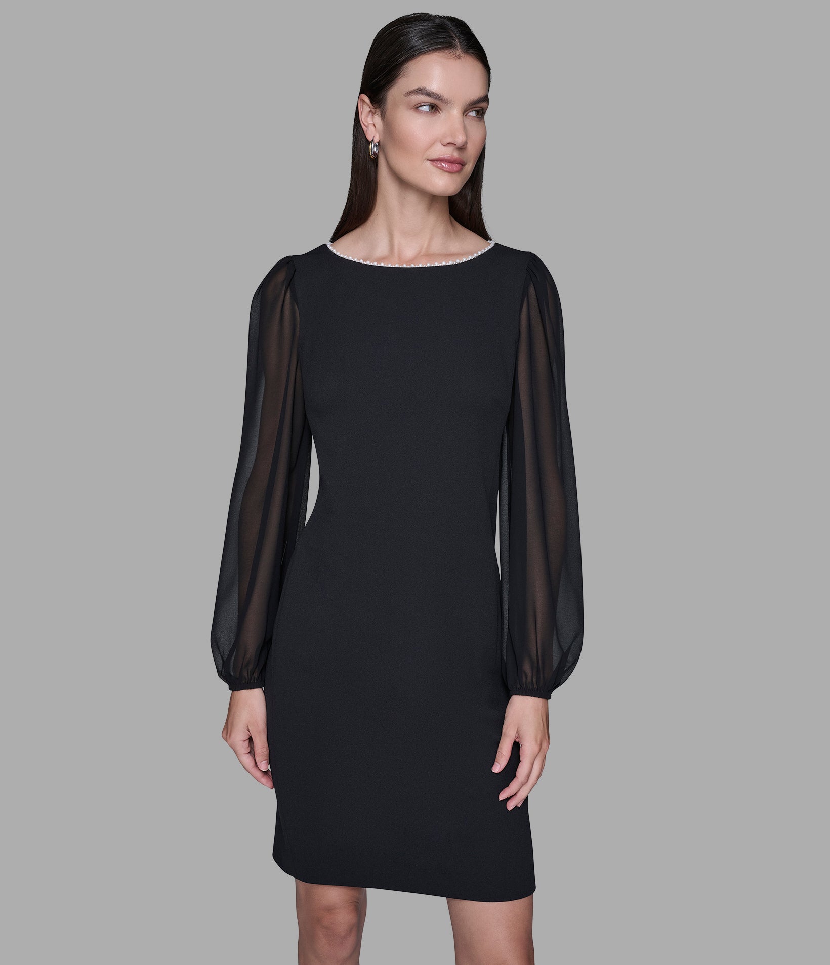 SCUBA CREPE DRESS WITH CHIFFON SLEEVE View 1 | Women's Dresses & Jumpsuits