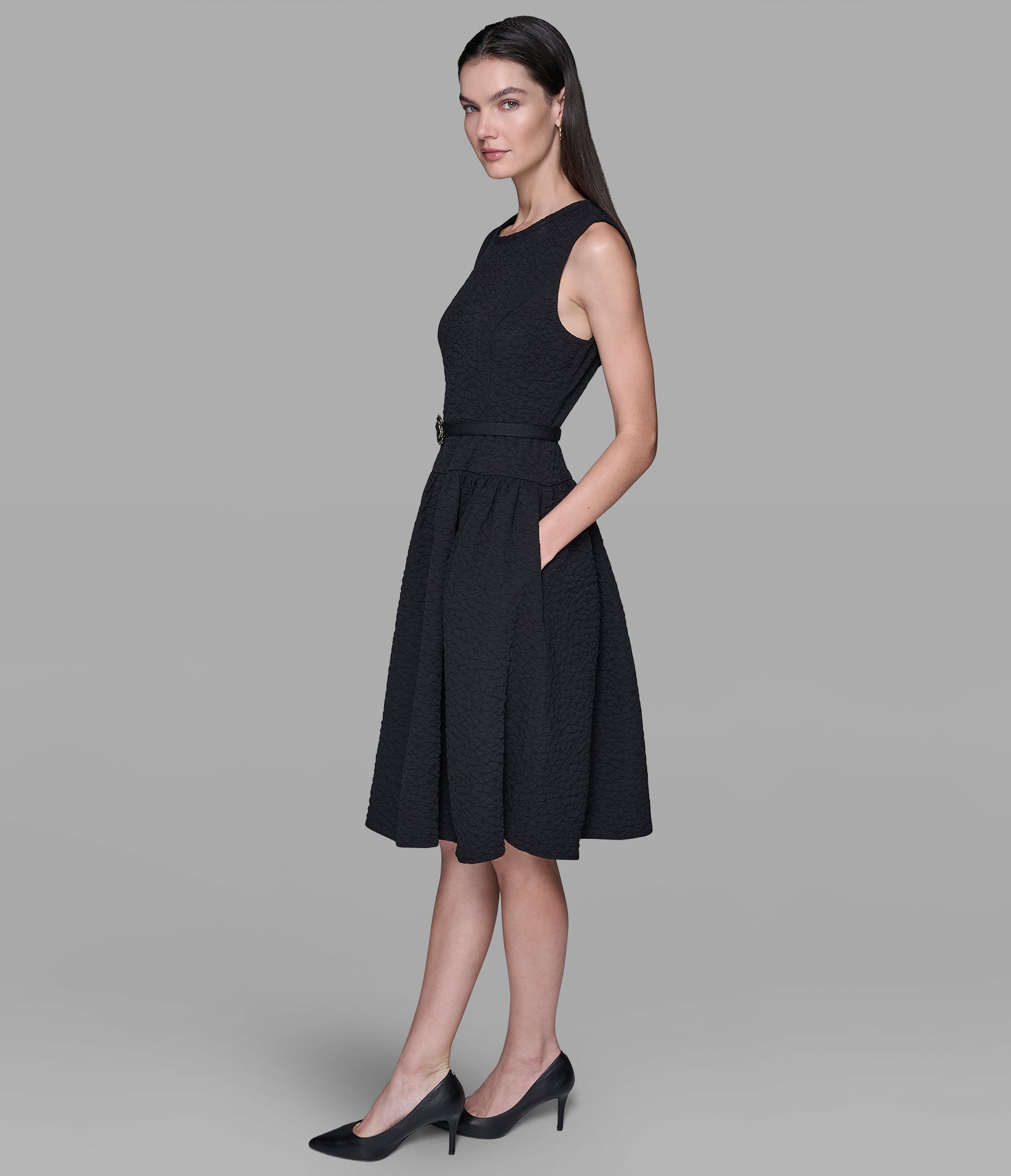 FLORAL JACQUARD A-LINE DRESS WITH FLOWER BELT VIEW 3 | Valentine's Day Shop