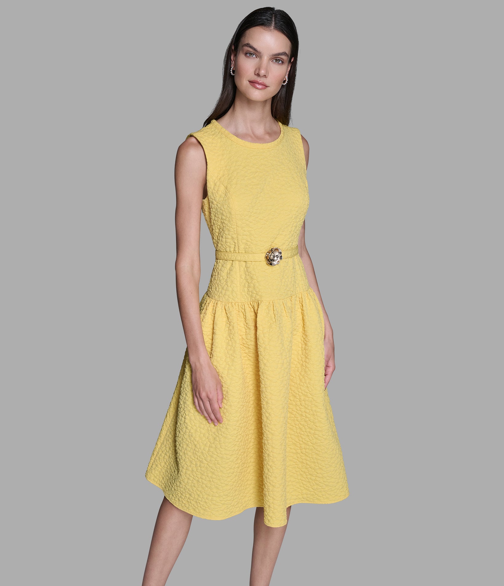 FLORAL JACQUARD A-LINE DRESS WITH FLOWER BELT View 1 | Women's Dresses & Jumpsuits