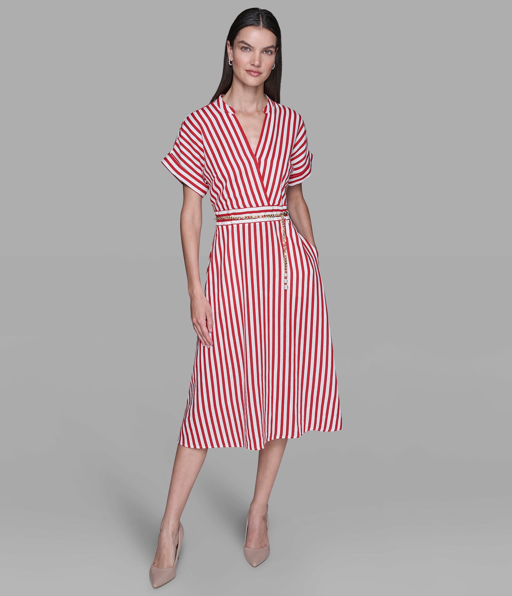 STRIPED LINEN MIDI DRESS WITH CHAIN BELT VIEW 4 | Valentine's Day Shop