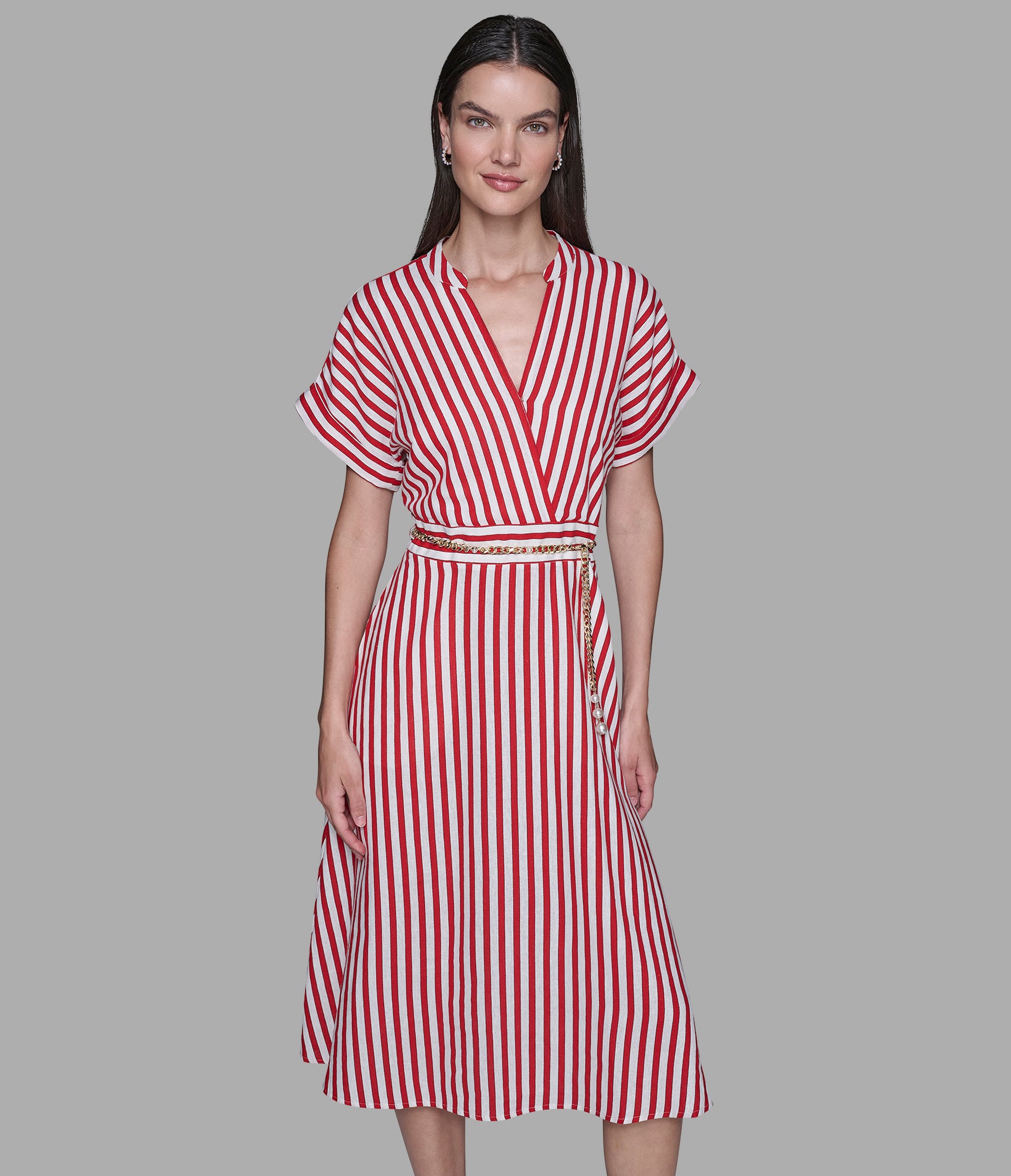 STRIPED LINEN MIDI DRESS WITH CHAIN BELT View 1 | Women's Dresses & Jumpsuits