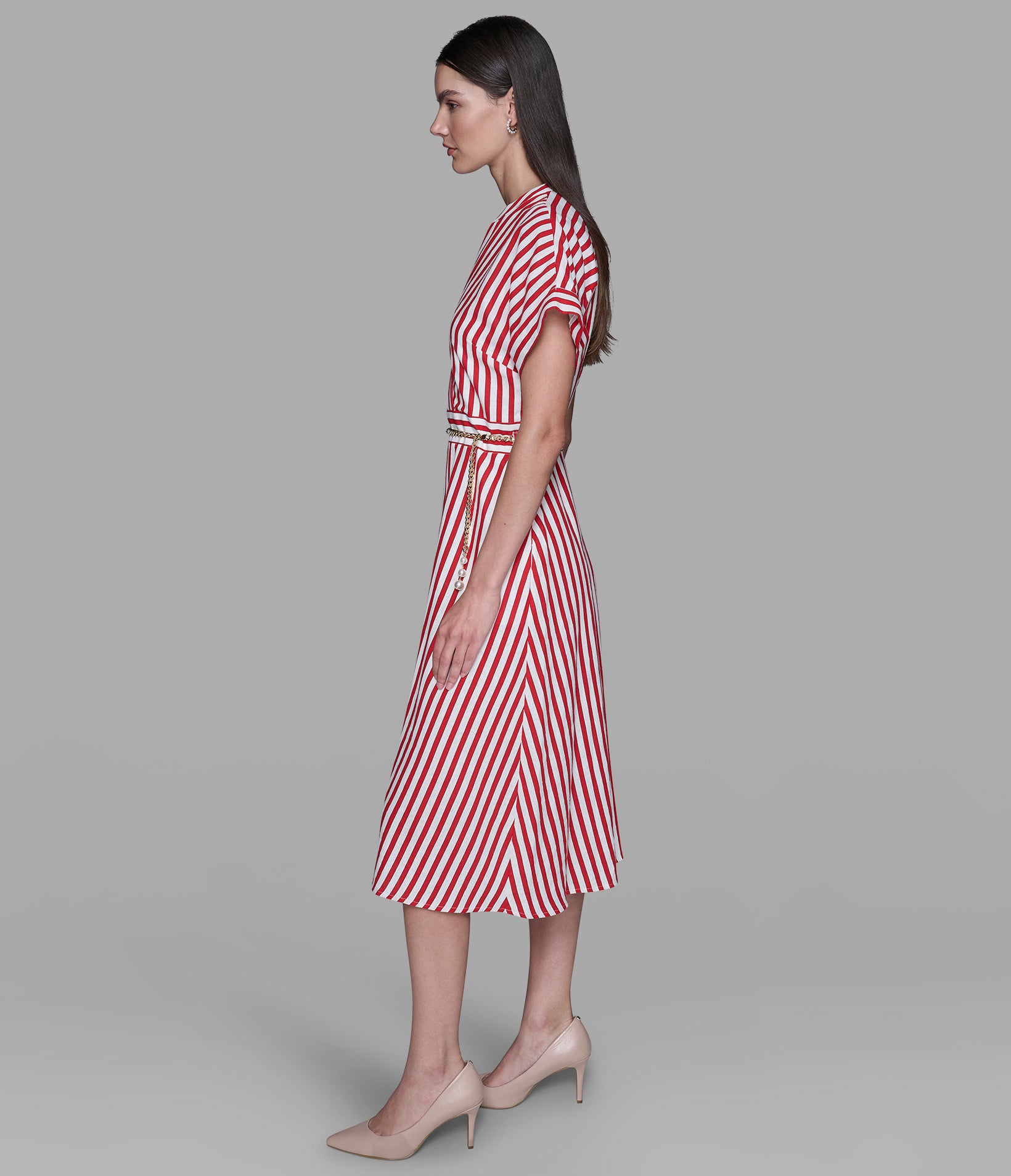 STRIPED LINEN MIDI DRESS WITH CHAIN BELT VIEW 5 | Valentine's Day Shop