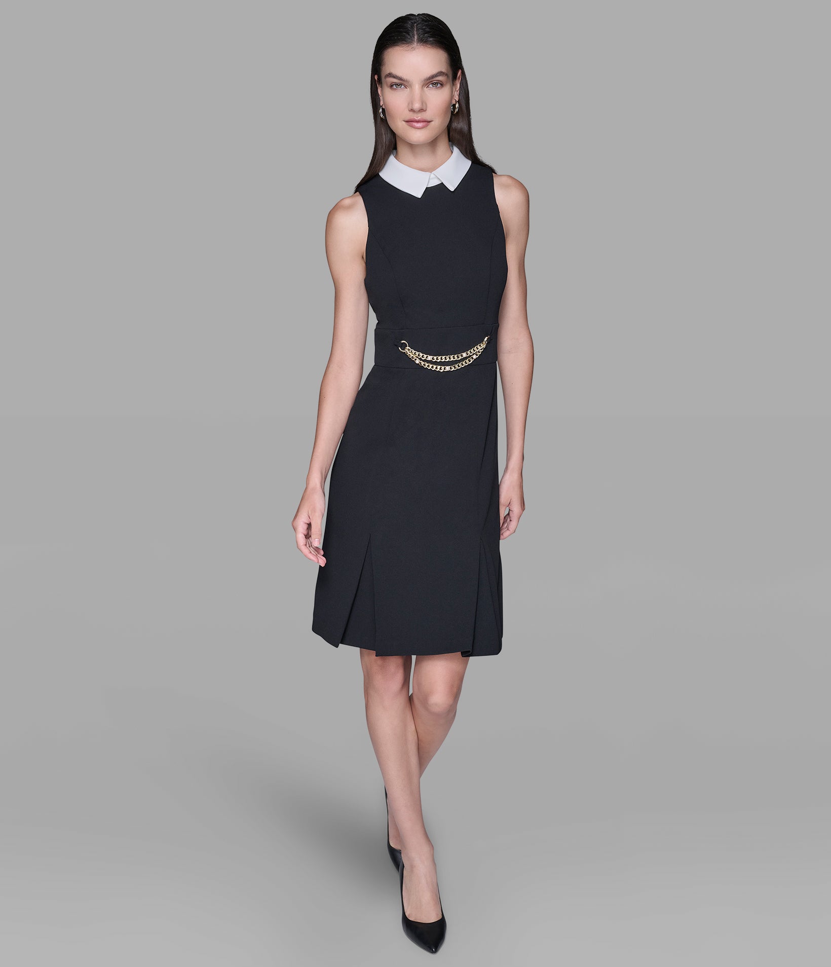 SCUBA CREPE SHEATH DRESS WITH CHAIN TRIM WAISTBAND VIEW 4 | Women's Sale