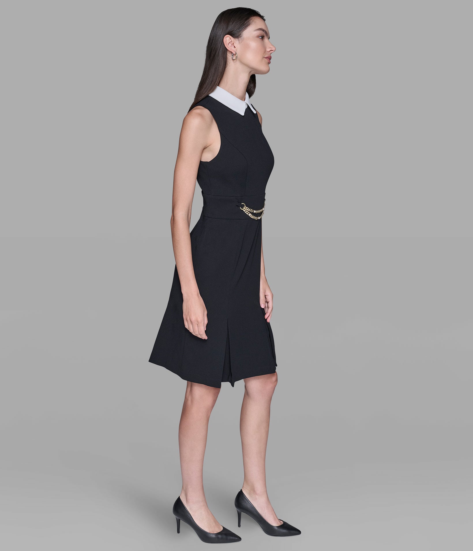 SCUBA CREPE SHEATH DRESS WITH CHAIN TRIM WAISTBAND VIEW 3 | Women's Sale