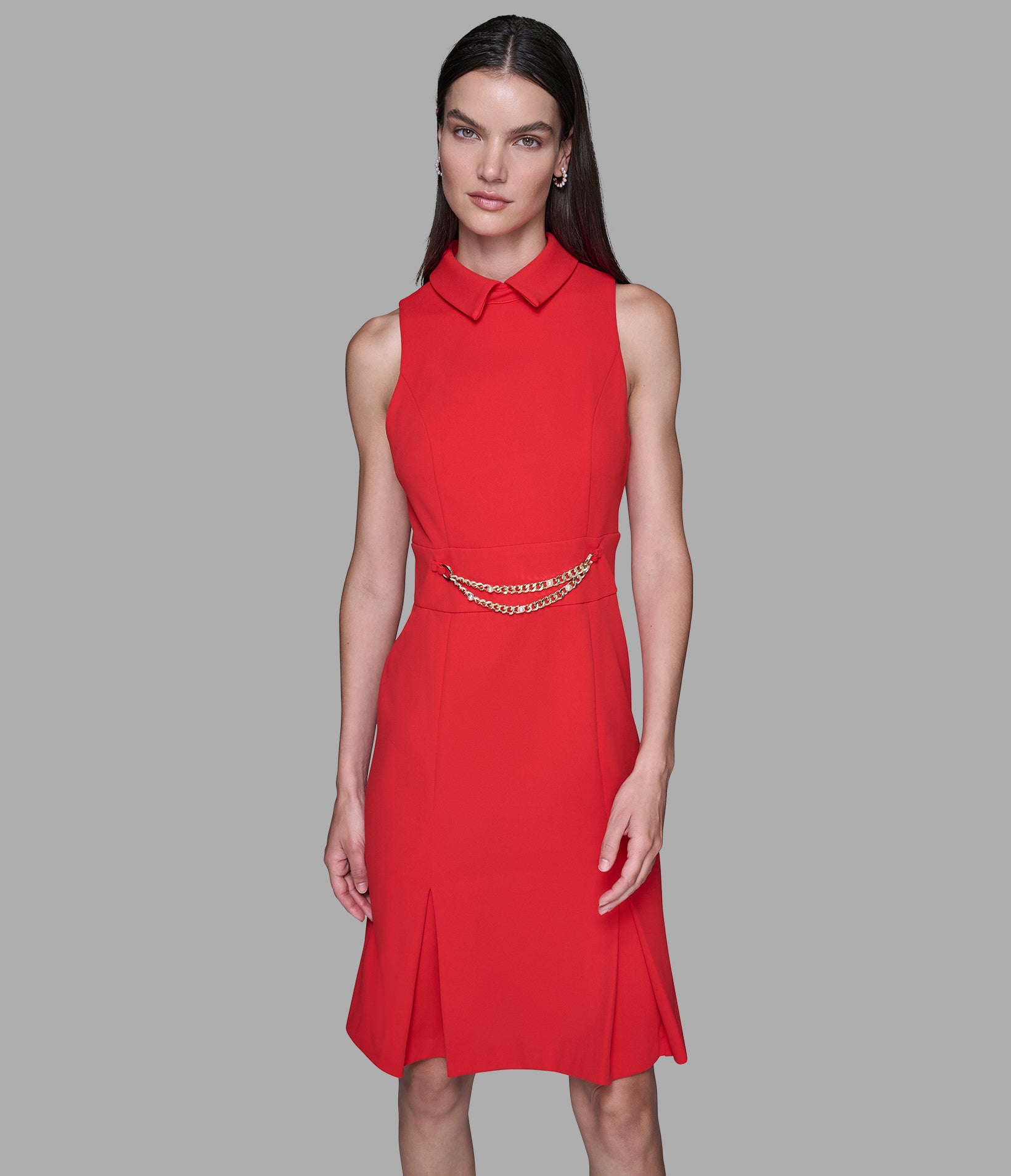 SCUBA CREPE SHEATH DRESS WITH CHAIN TRIM WAISTBAND View 1 | Valentine's Day Shop