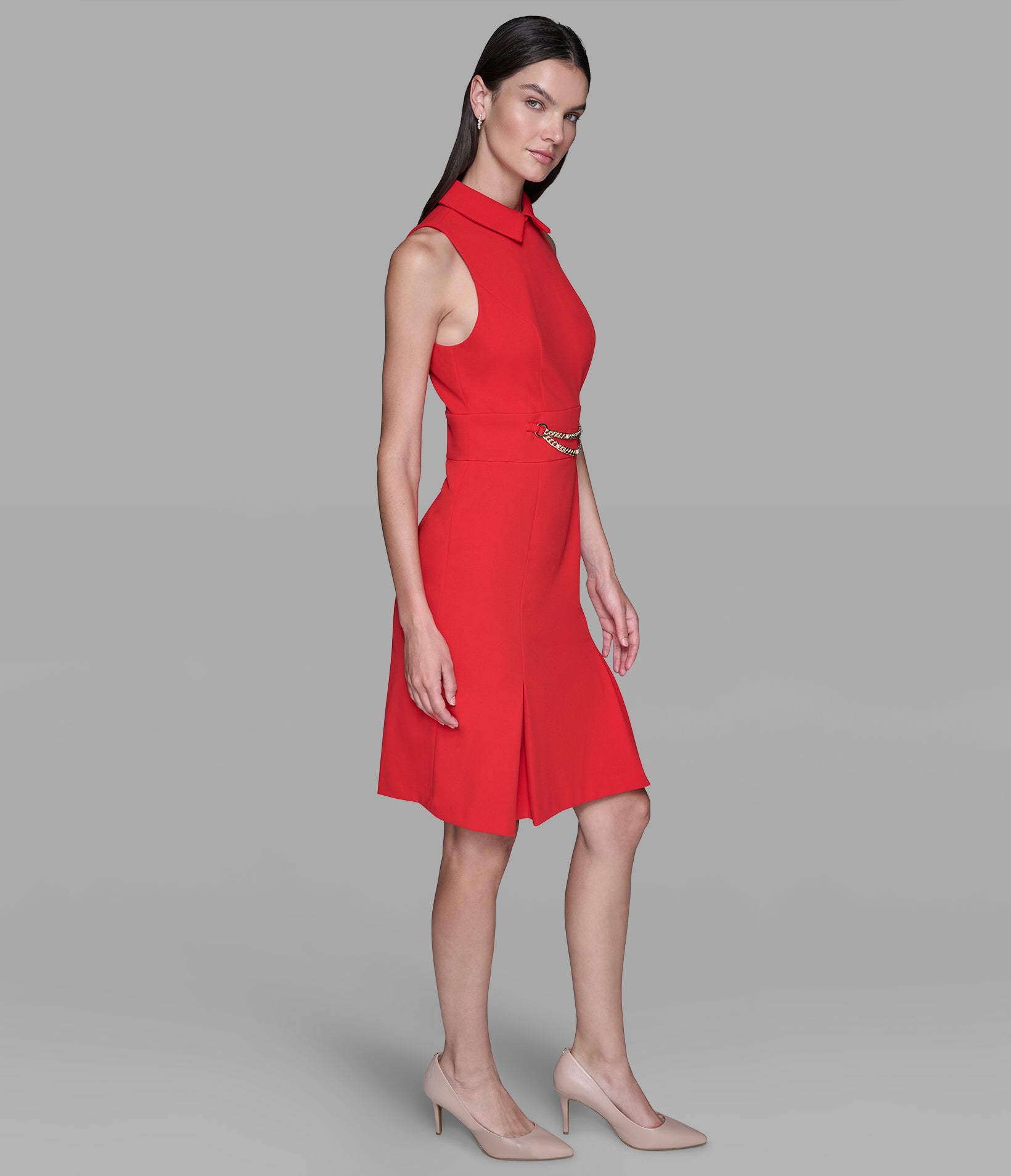 SCUBA CREPE SHEATH DRESS WITH CHAIN TRIM WAISTBAND VIEW 3 | Valentine's Day Shop