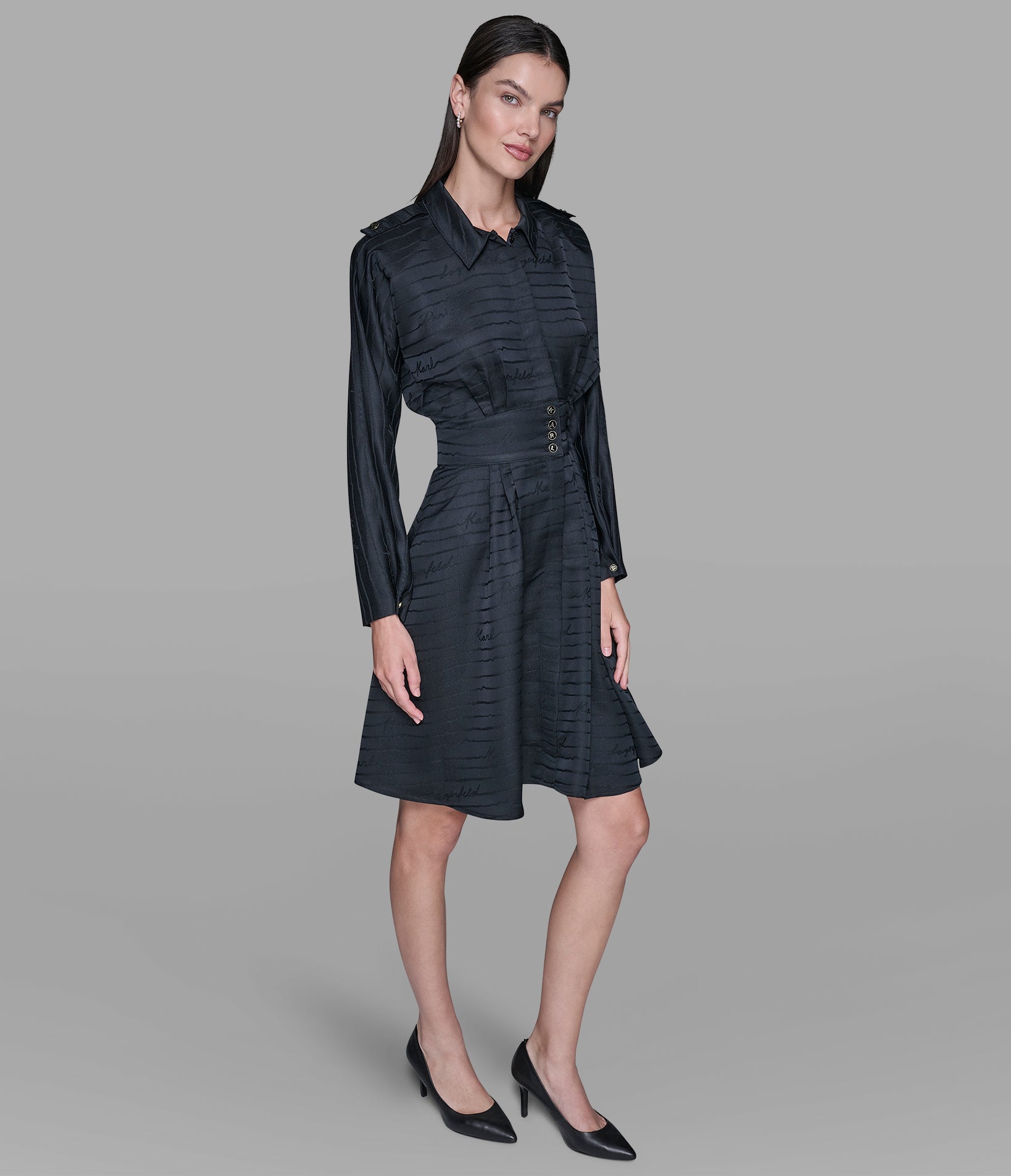 SILKY JACQUARD KARL BUTTON SHIRT DRESS VIEW 3 | Women's Sale