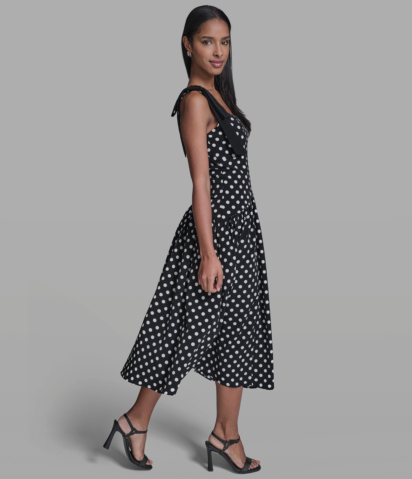 BOW STRAP POLKA DOT MIDI DRESS VIEW 4 | Women's Clothing