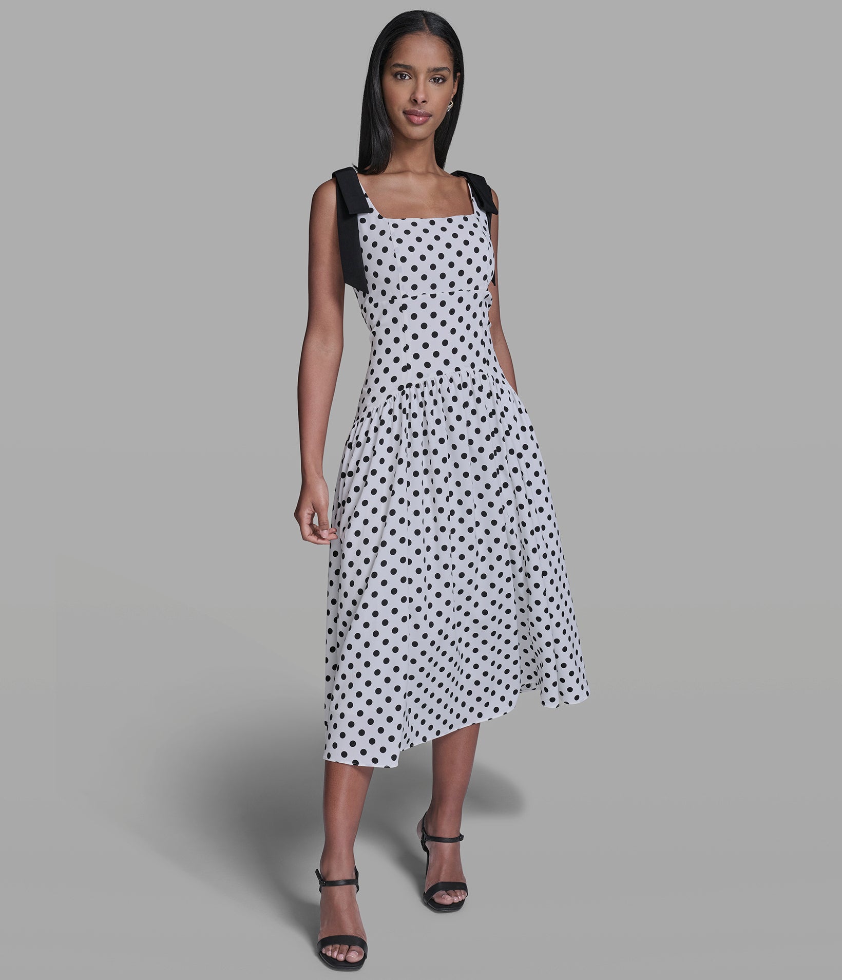 BOW STRAP POLKA DOT MIDI DRESS View 1 | Products