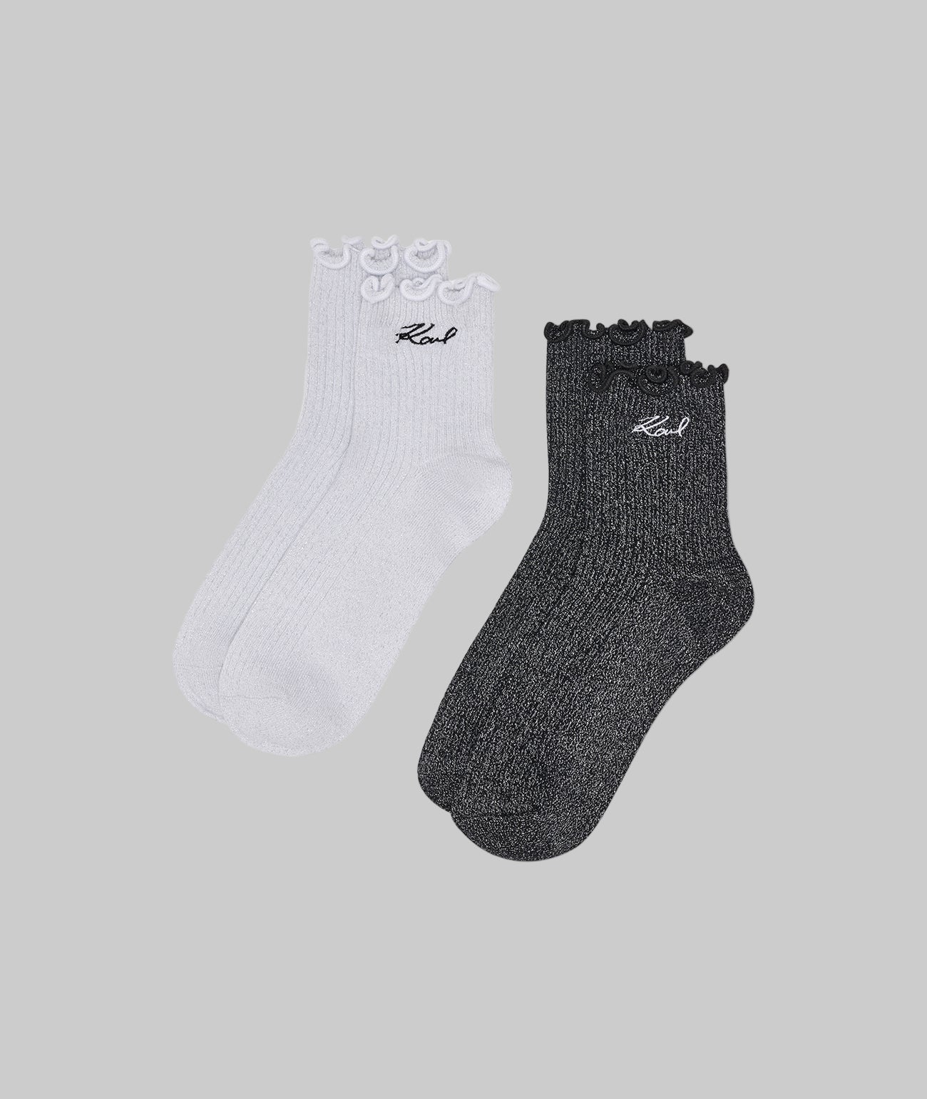 EMBROIDERED SCRIPT LOGO RUFFLE ANKLE SOCKS 2-PACK View 1 | Women's Accessories